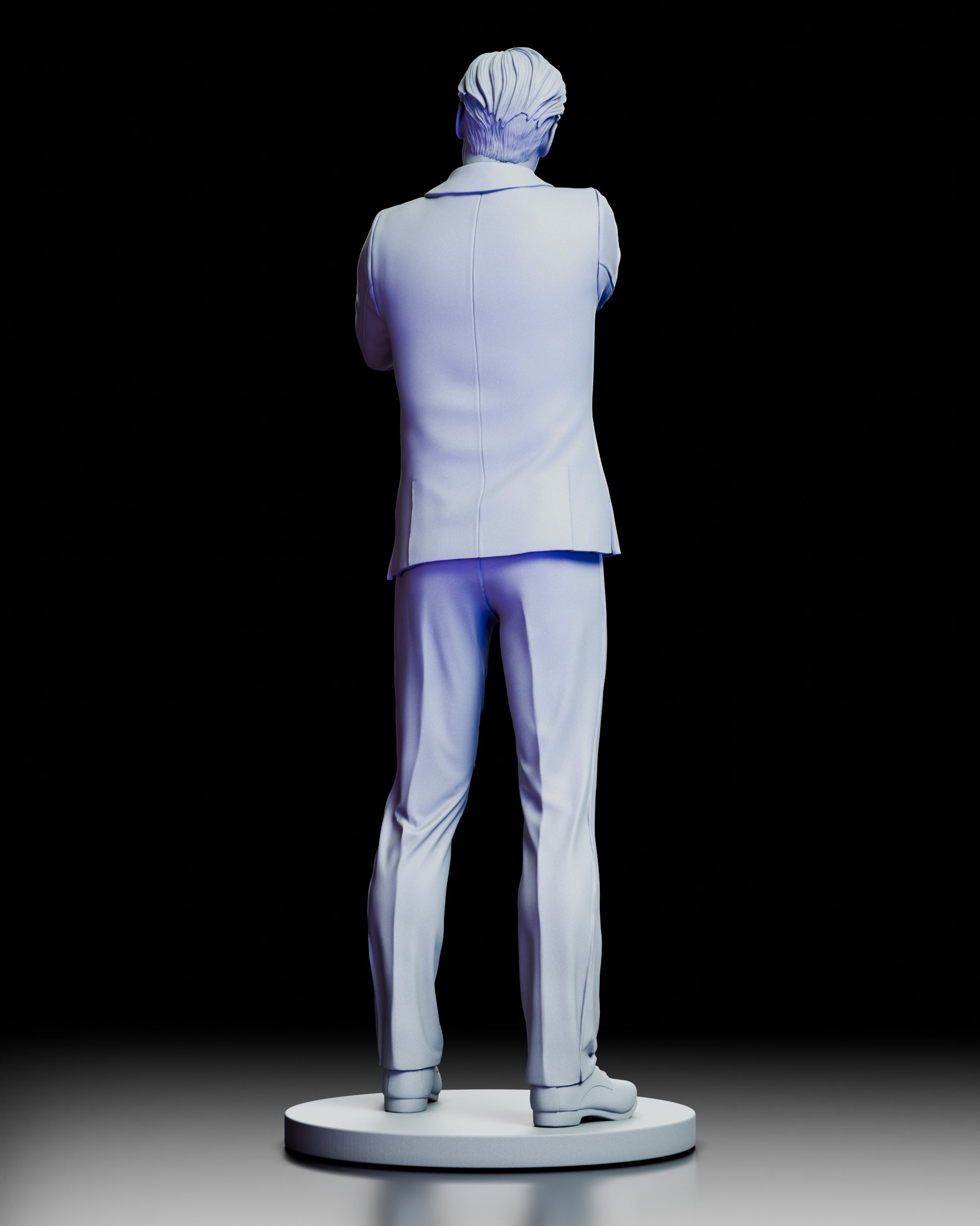 Rear view of Fox Mulder figure model kit showing detailed suit jacket tailoring and swept hair sculpt on display base