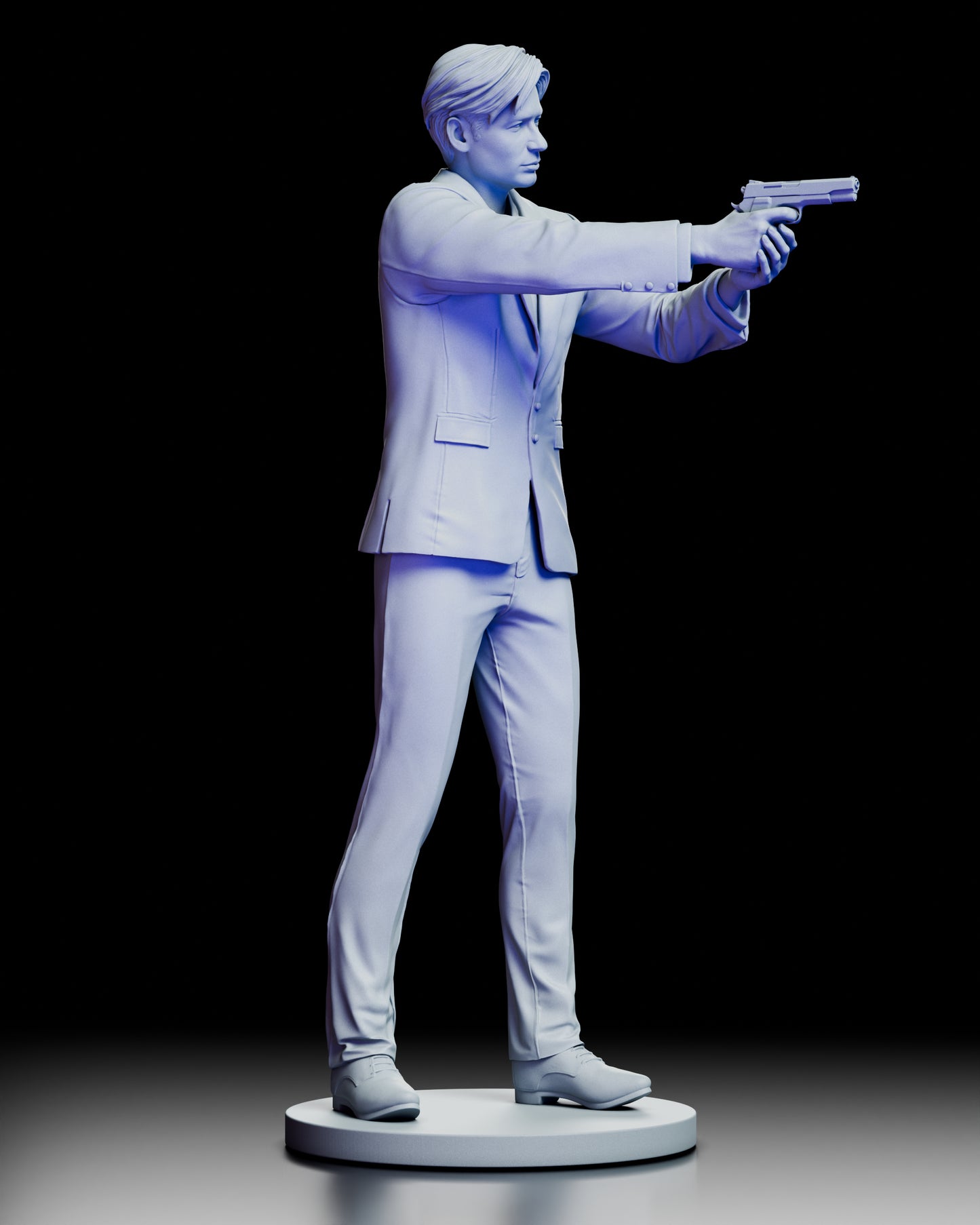 Right profile of Fox Mulder figure model kit aiming firearm with focused expression showing suit details and proper shooting form