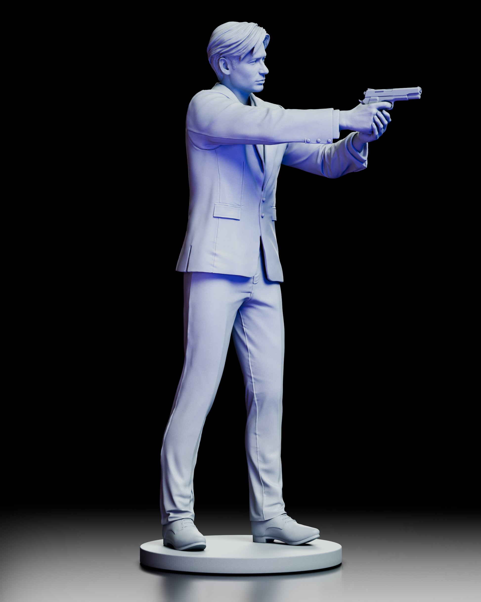 Right profile of Fox Mulder figure model kit aiming firearm with focused expression showing suit details and proper shooting form