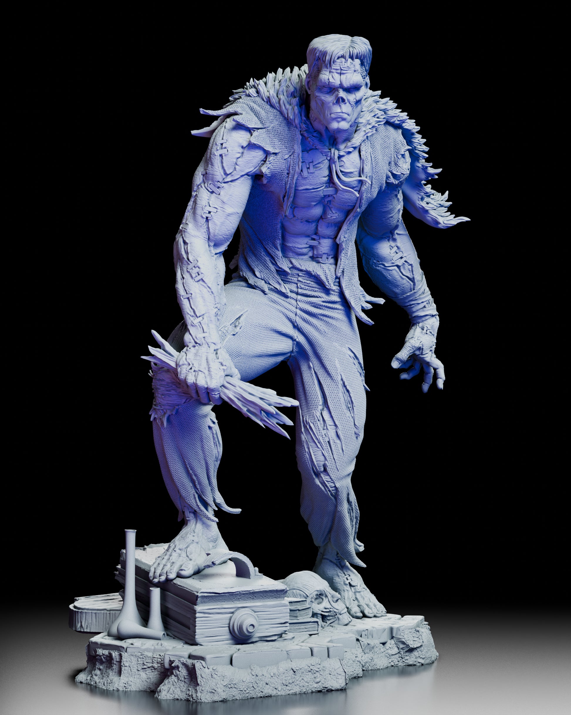 Front view of Frankenstein’s Monster figure kit showing muscular sculpting and detailed tattered clothing.
