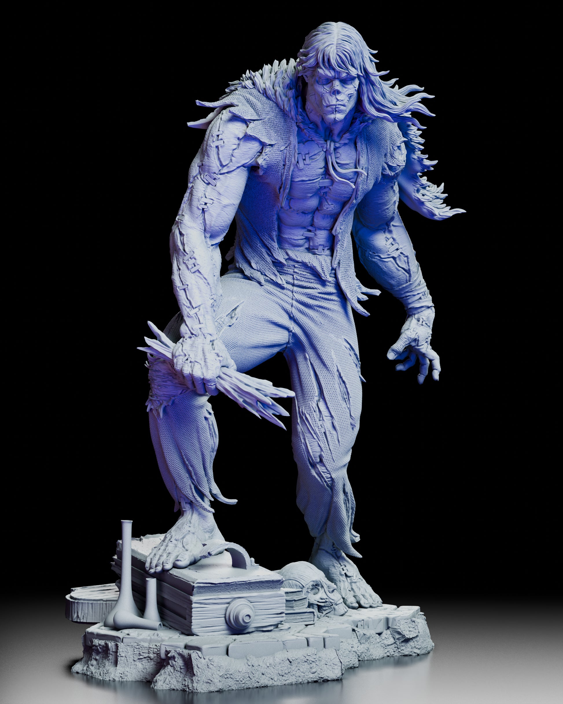 Front view of Frankenstein’s Monster figure kit showing alternate portrait muscular sculpting and detailed tattered clothing.
