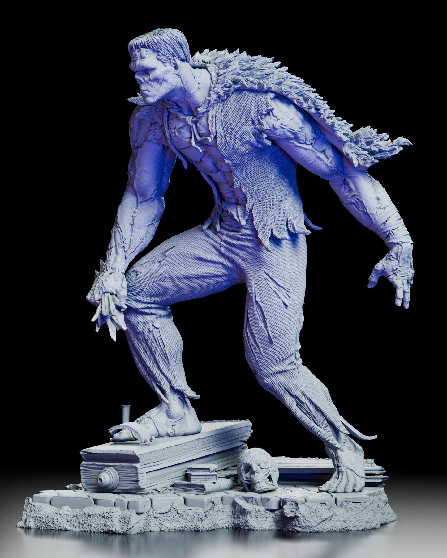 Left side view of Frankenstein’s Monster figure kit highlighting textures, torn fabric, and dynamic posture.
