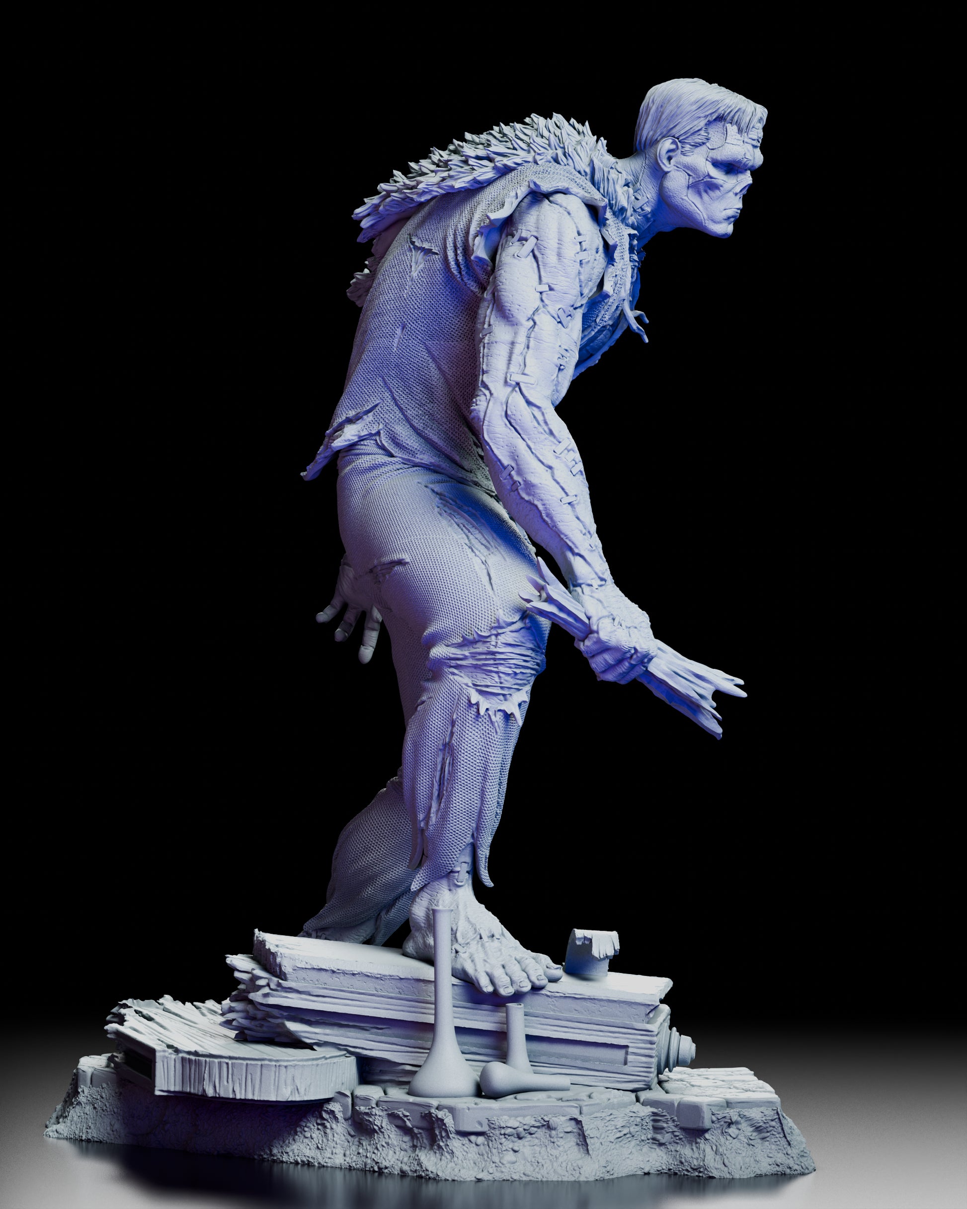 Right side view of Frankenstein’s Monster model kit featuring damaged garments and laboratory base elements.

