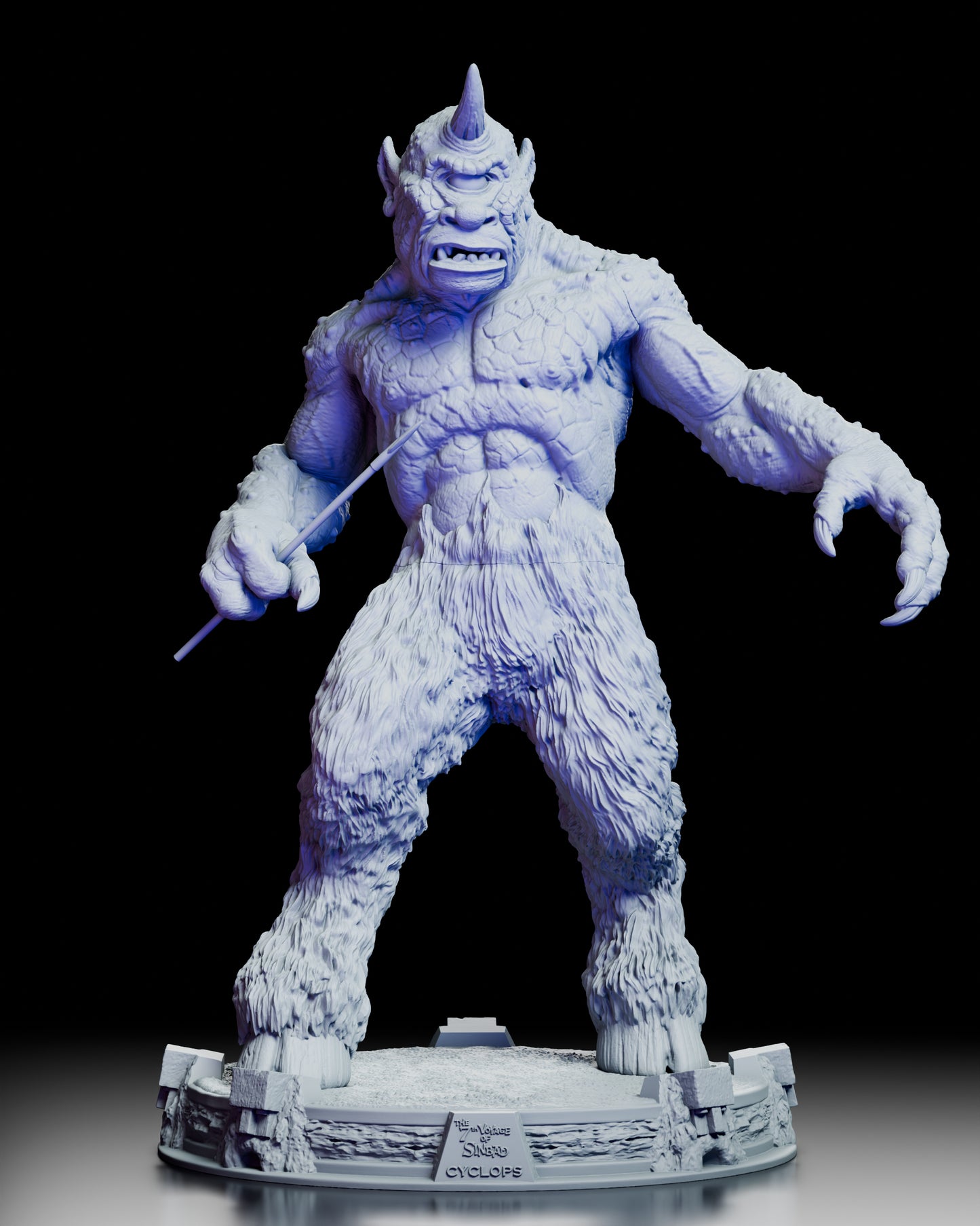 Front view of The Cyclops maquette from The 7th Voyage of Sinbad featuring snarling expression, single horn, scaled torso, and weapon held in hand atop scenic base
