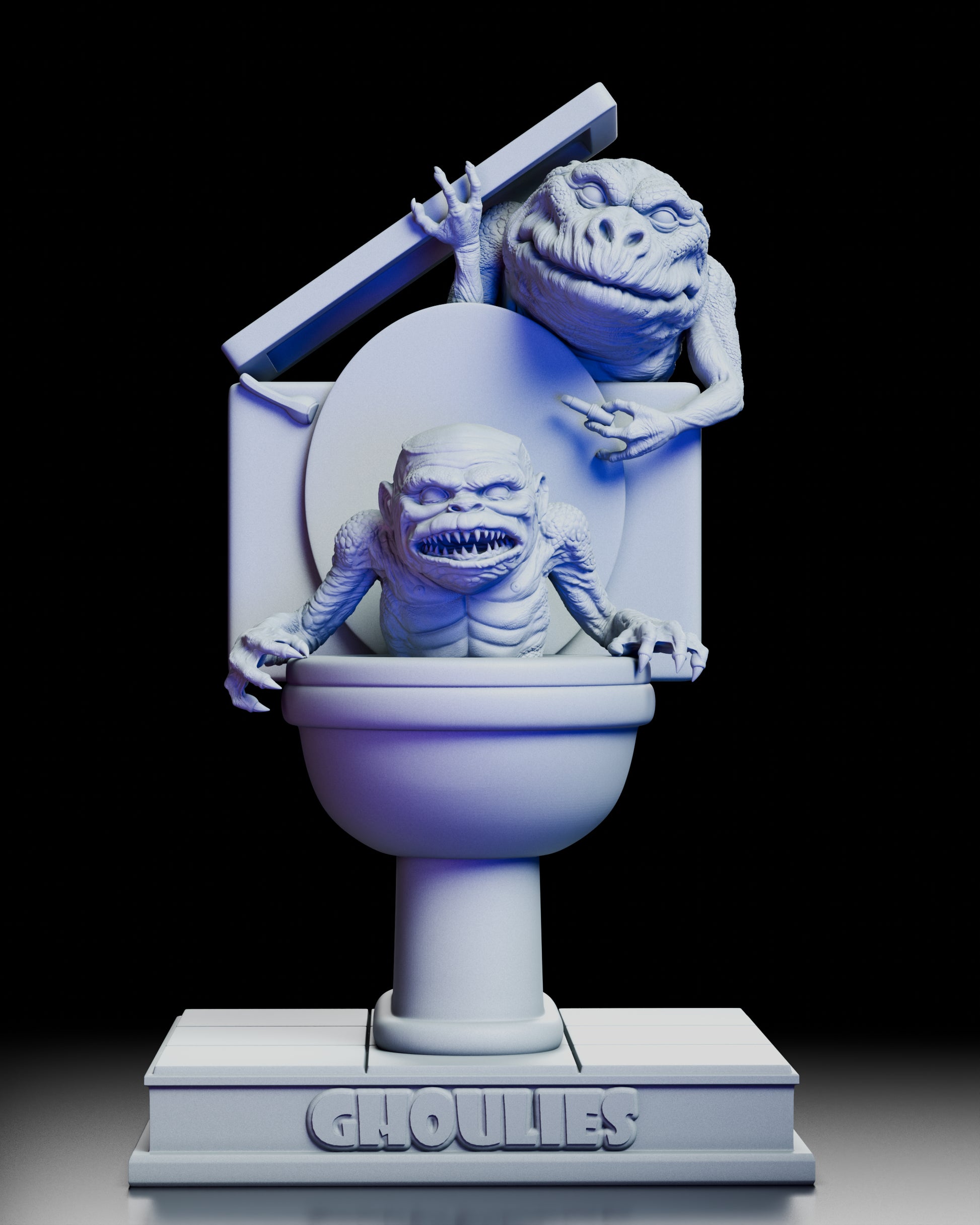 Front view of two Ghoulies emerging from a toilet with expressive sculpted detail
