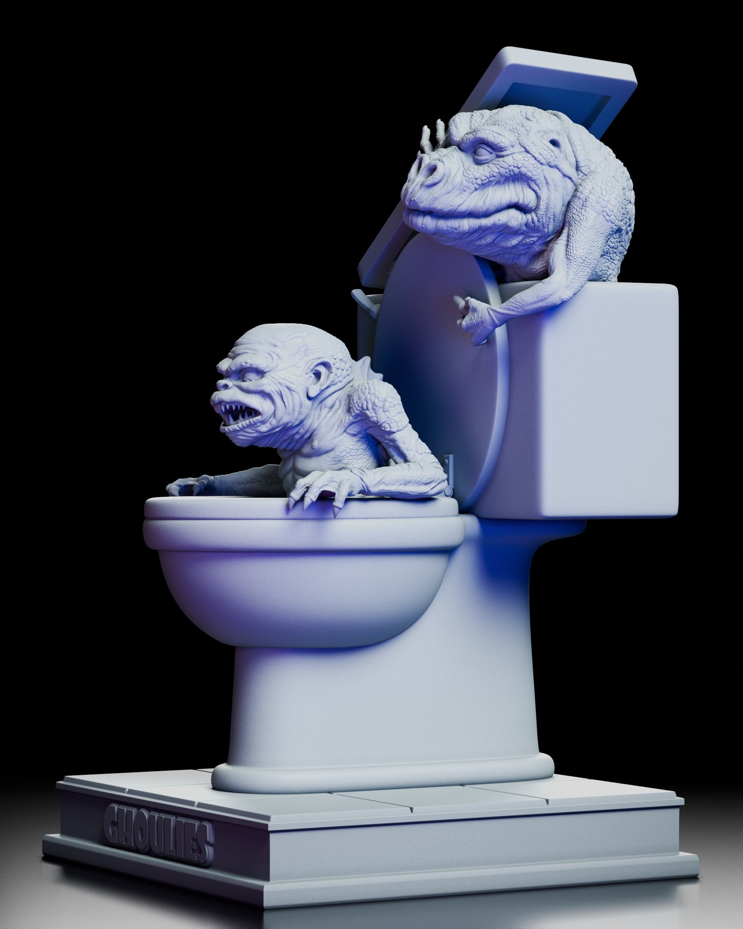 Left side view highlighting the Ghoulies’ poses and the curved toilet structure