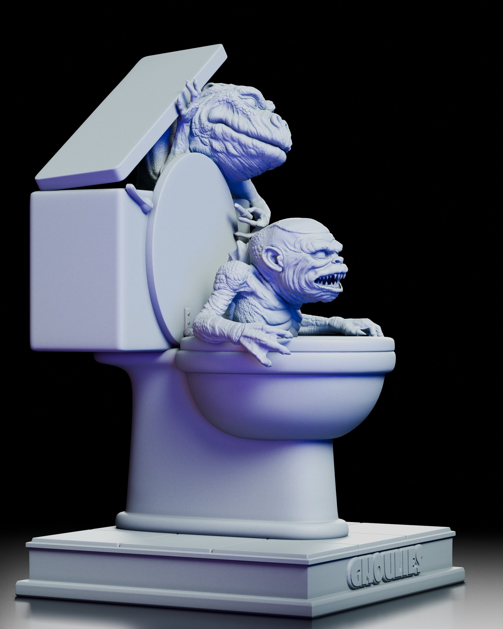 Right side view of the Ghoulies maquette showing the raised toilet lid and creature sculpting