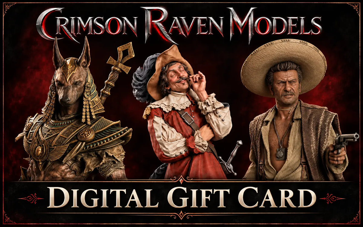 Promotional graphic for a Crimson Raven Models digital gift card, featuring three highly detailed collectible figurines: an Egyptian Anubis warrior, a colonial-era sailor in a red coat, and a cowboy with a sombrero holding a pistol. The text 'CRIMSON RAVEN MODELS' is displayed at the top, and 'DIGITAL GIFT CARD' is written at the bottom.