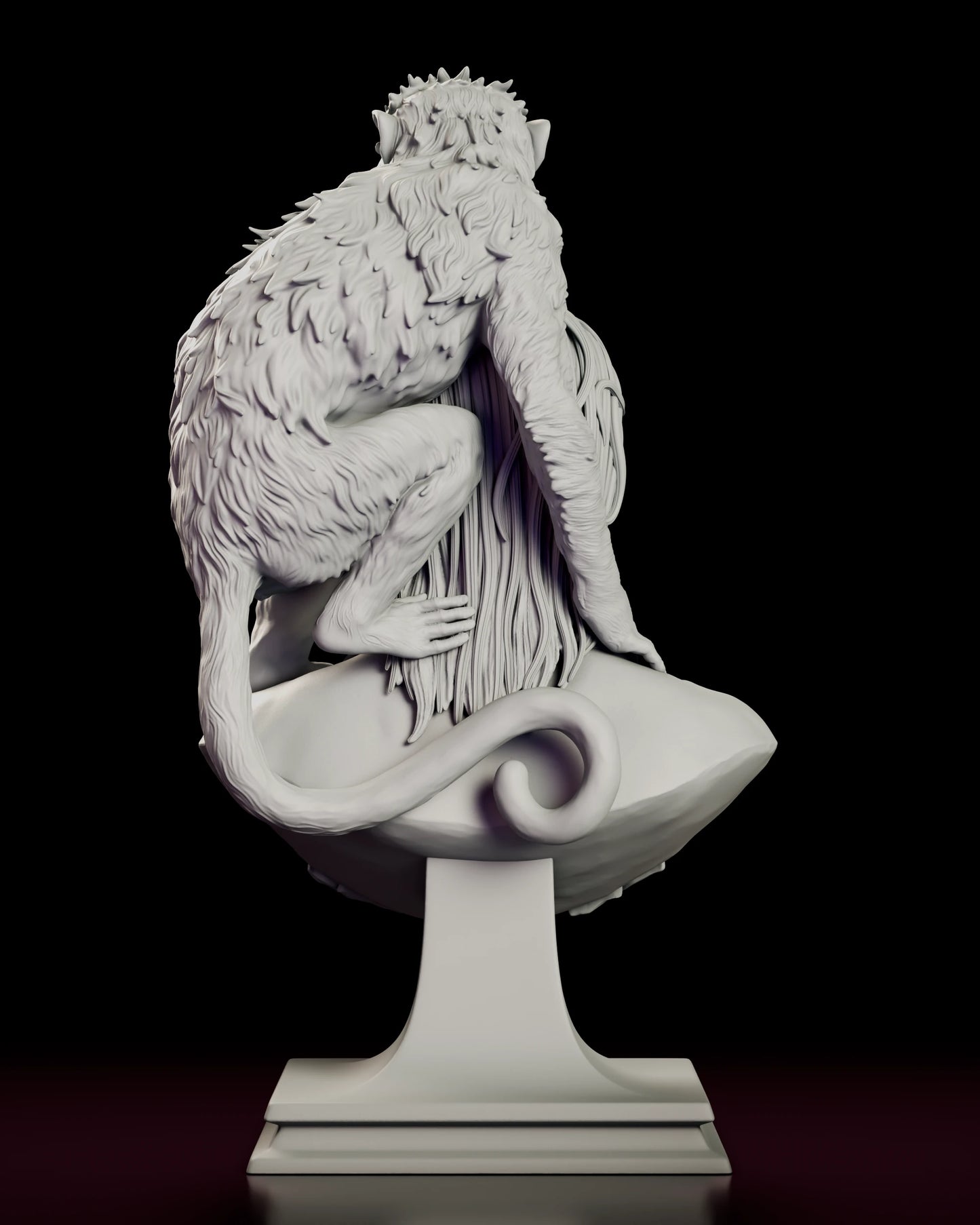 Rear view of the Girish and Bandar figure model kit bust showing the monkey's fully sculpted back and haunches and its long tail curling across the back of the pedestal