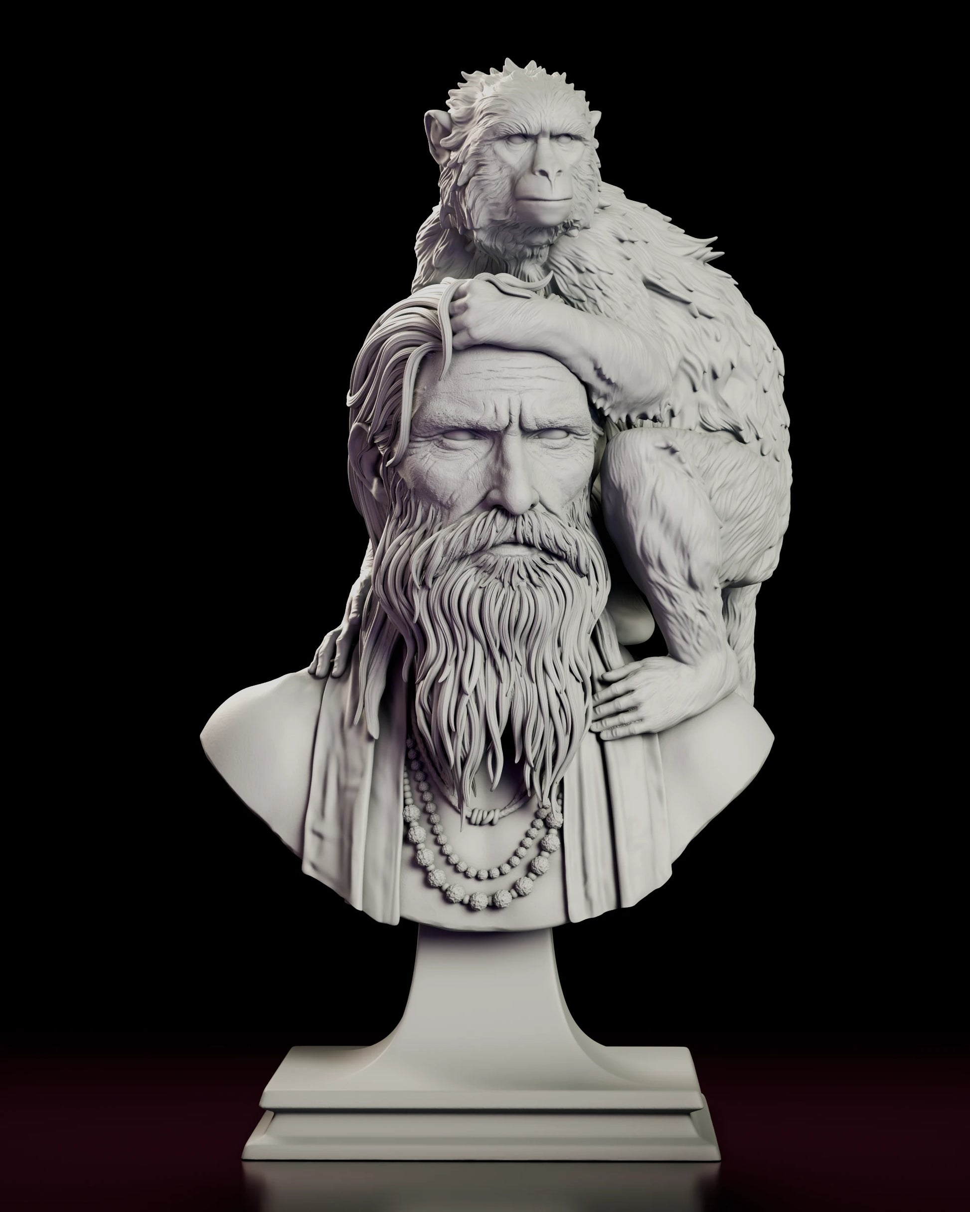 Front view of the Girish and Bandar figure model kit bust with the monkey seated high behind the old man's head and the two strands of prayer beads hanging below the beard