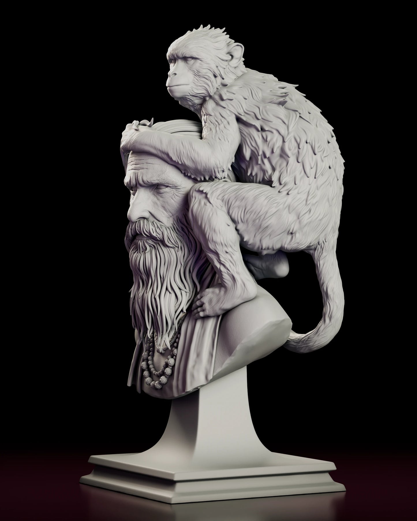 Left side view of the Girish and Bandar figure model kit bust showing the open draped robe, the flowing beard and the monkey's haunches and layered fur above the shoulder