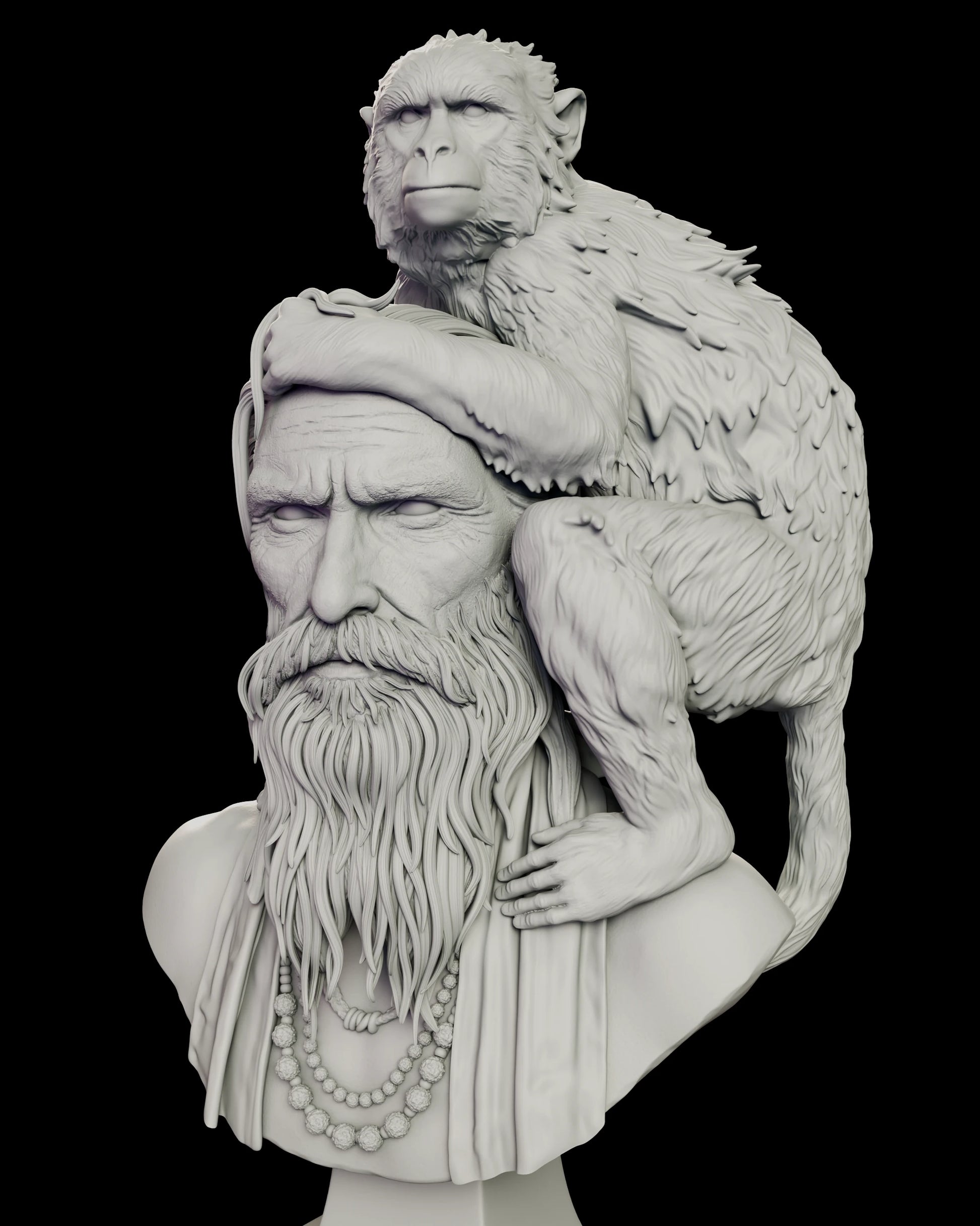 Close view of the Girish and Bandar figure model kit bust, showing the monkey's ruffed mane and layered fur, one hand resting flat on the old man's head and the other pressed to his shoulder