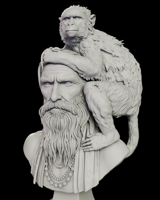 Close view of the Girish and Bandar figure model kit bust, showing the monkey's ruffed mane and layered fur, one hand resting flat on the old man's head and the other pressed to his shoulder