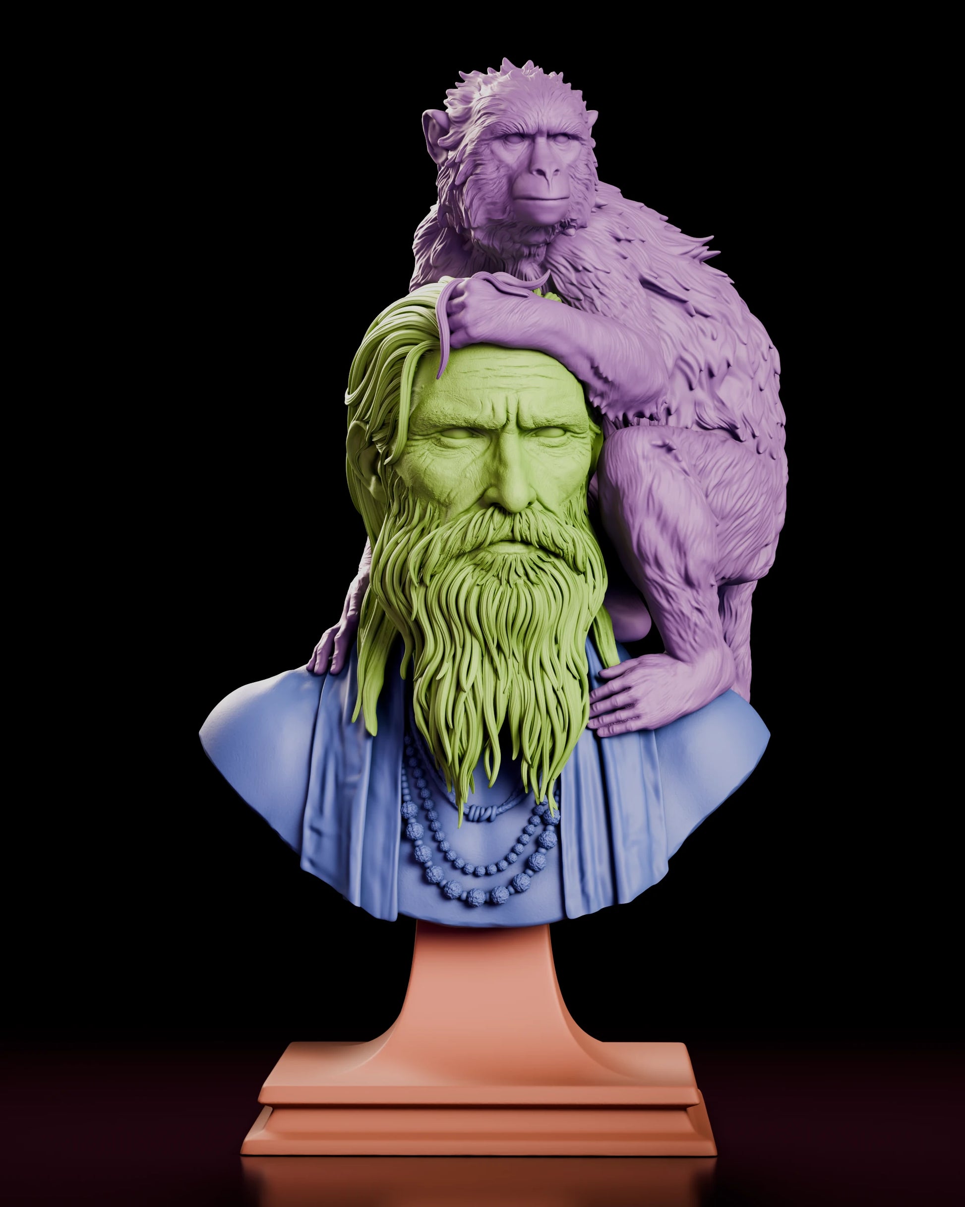 Parts breakdown of the Girish and Bandar figure model kit bust with the monkey, the old man's head and beard, the draped robe, the prayer beads and the pedestal base shown in separate colours