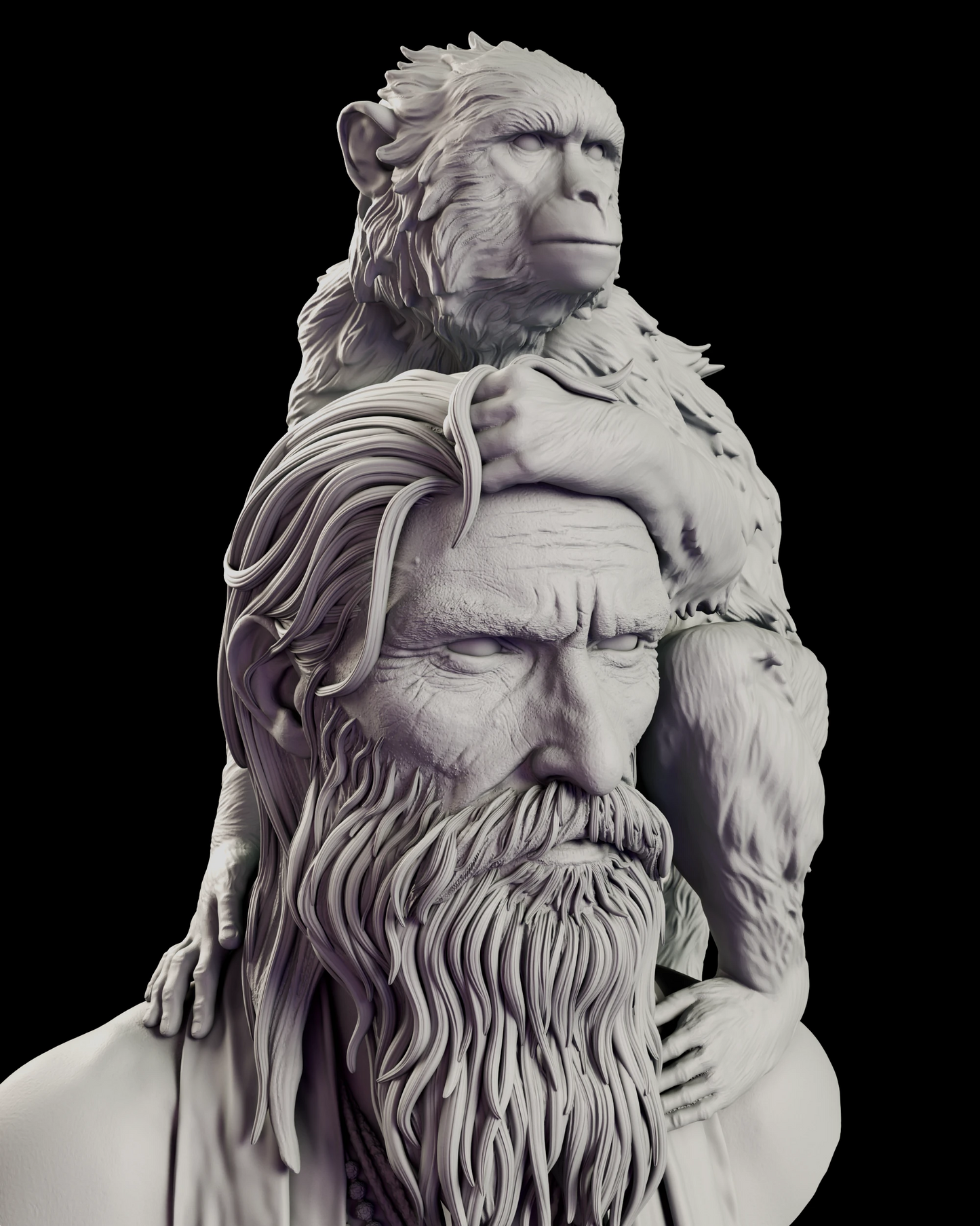 Portrait detail of the Girish and Bandar figure model kit bust, showing the deeply lined brow, the heavy folded lids and the long rippling strands of the beard falling over the robe