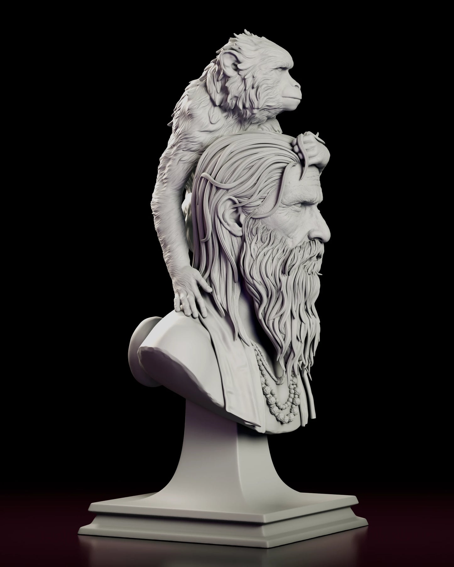 Right side view of the Girish and Bandar figure model kit bust showing the long swept-back hair, the beard in profile and the monkey's arm reaching down to the shoulder