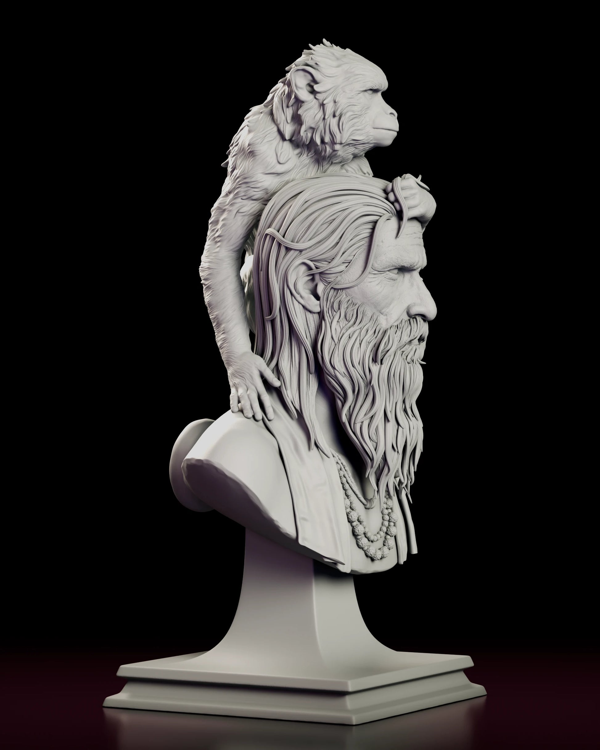 Right side view of the Girish and Bandar figure model kit bust showing the long swept-back hair, the beard in profile and the monkey's arm reaching down to the shoulder
