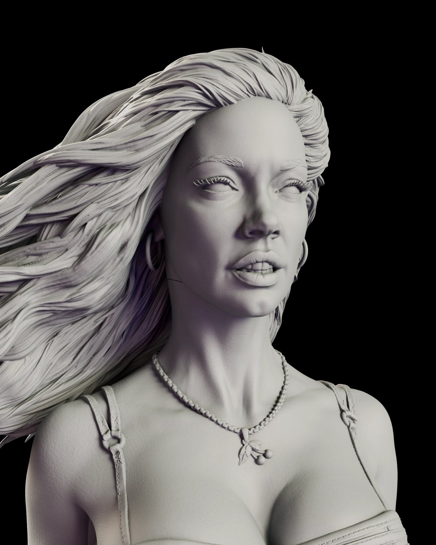 Portrait view of the Cherry Darling figure model kit with wind-swept hair, a hoop earring and a cherry pendant resting on a fine beaded necklace
