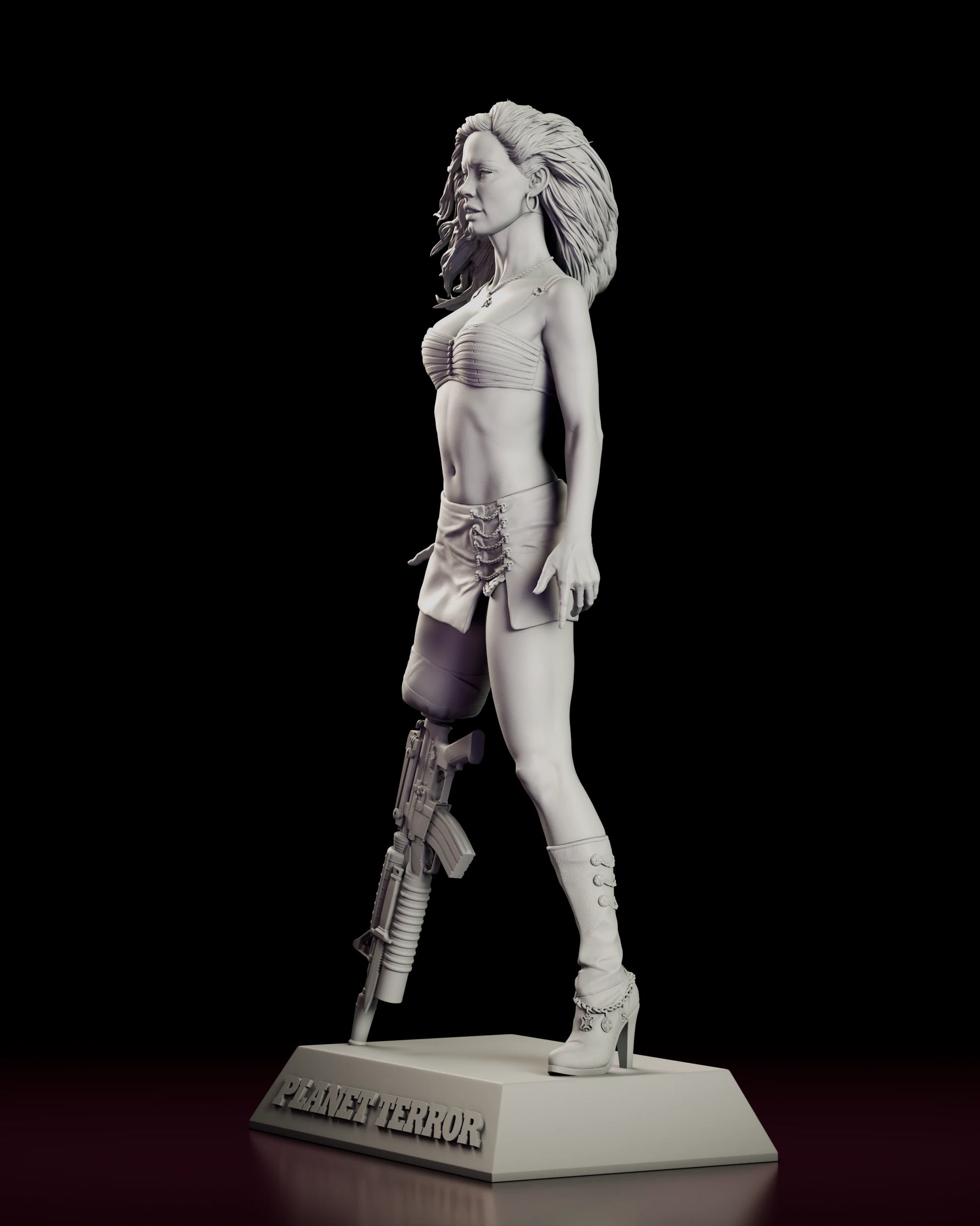 Left side view of the Cherry Darling figure model kit showing the skirt clasps, the buttoned boot with an ankle charm chain and the raised lettering across the front of the base