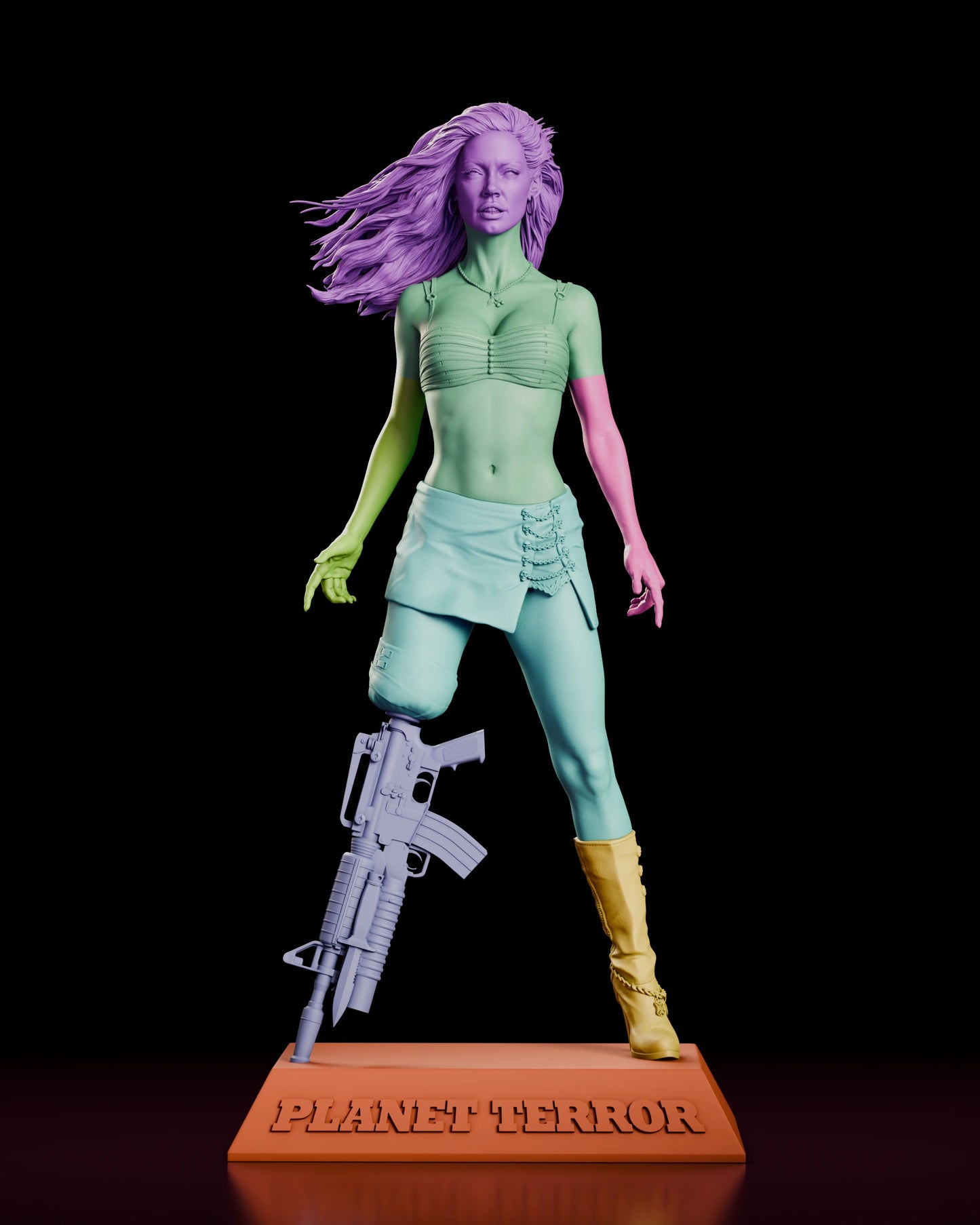 Parts breakdown of the Cherry Darling figure model kit with the head, torso, separate arms, rifle leg, booted leg and lettered base shown as individual components