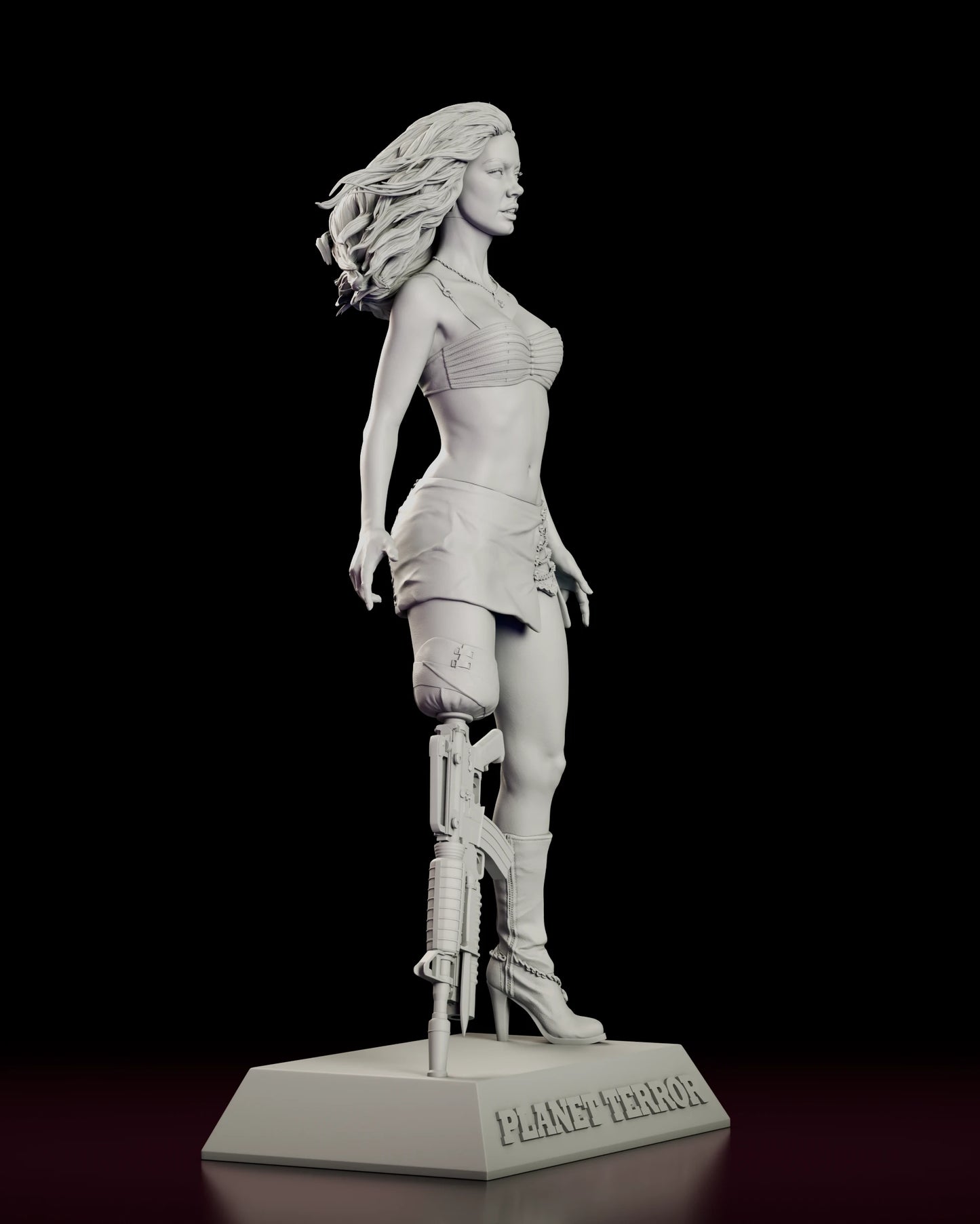 Right side view of the Cherry Darling figure model kit in profile, showing the full length of the rifle leg with its underslung grenade launcher and the heeled knee-high boot