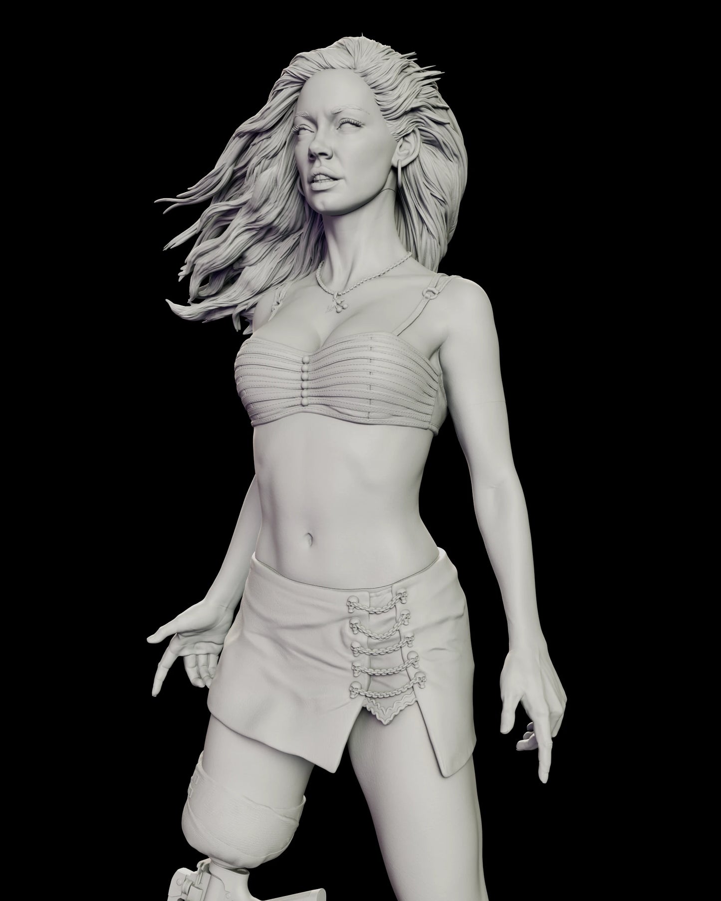 Close view of the Cherry Darling figure model kit showing the pleated bandeau top, bare midriff and the mini skirt clasped with small skulls and chains