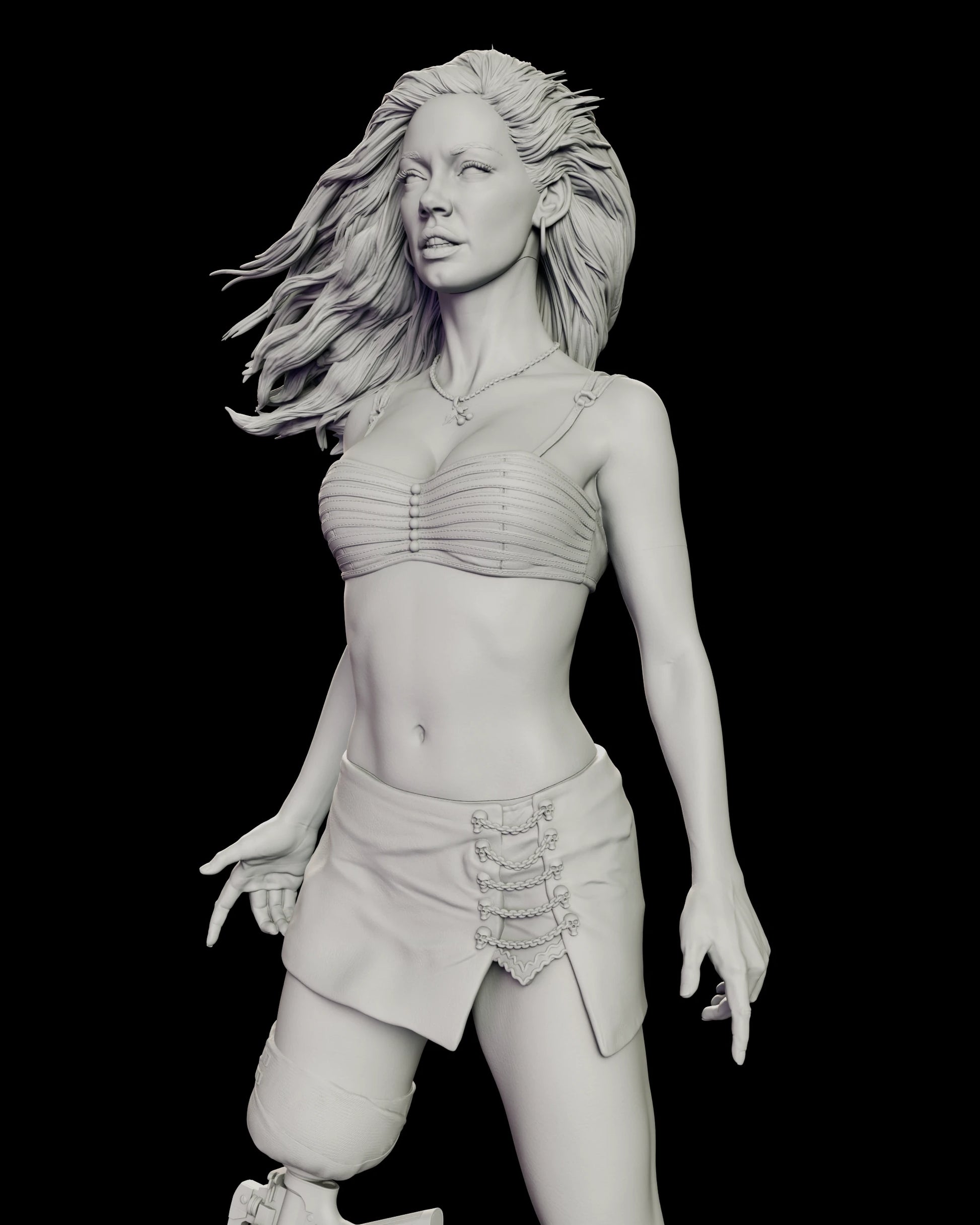 Close view of the Cherry Darling figure model kit showing the pleated bandeau top, bare midriff and the mini skirt clasped with small skulls and chains