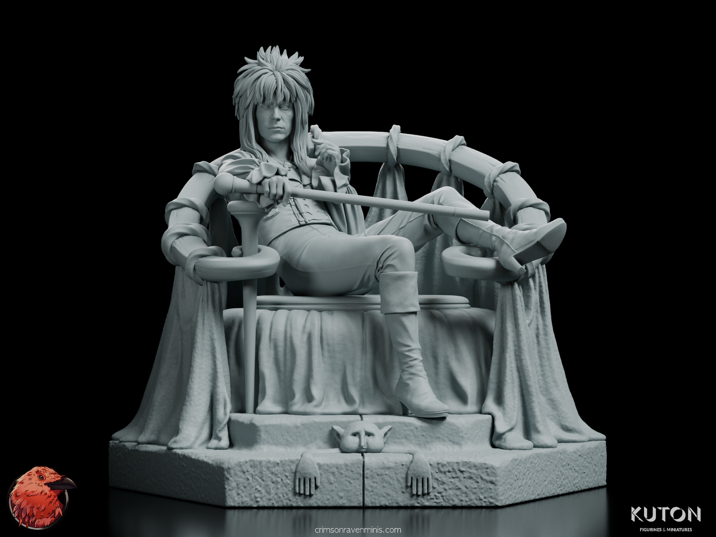 Direct front view of The Goblin King figurine seated on his throne with detailed base elements