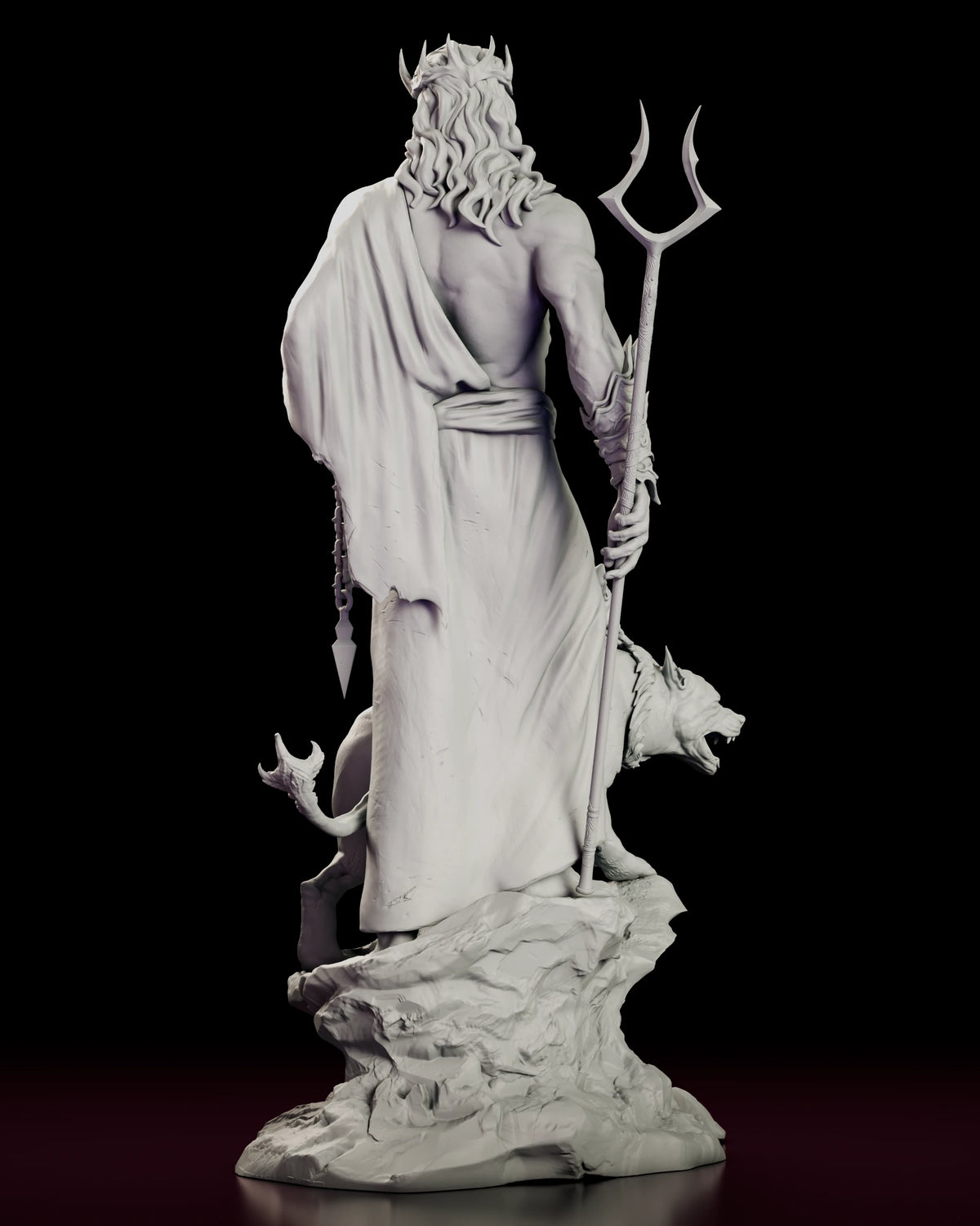 Back view of the Hades figure model kit showing the robe, forked staff and rocky base