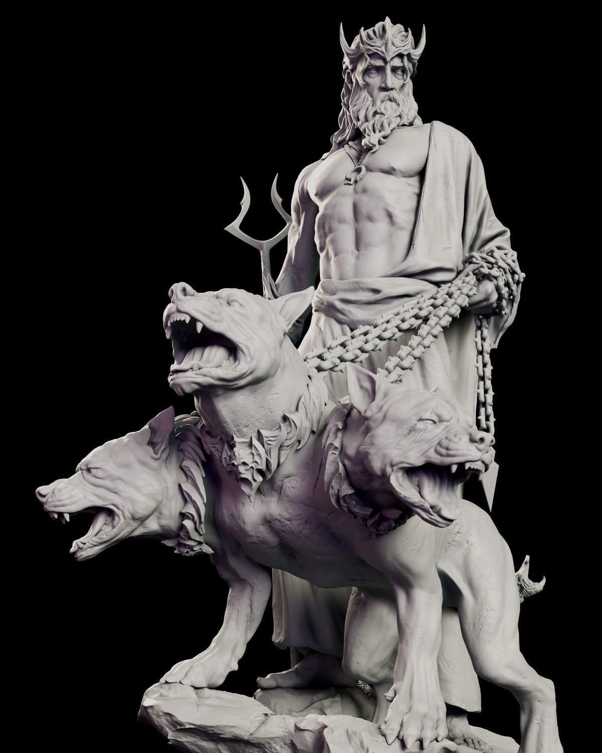 Close view of Hades holding chains as three-headed Cerberus snarls at his side