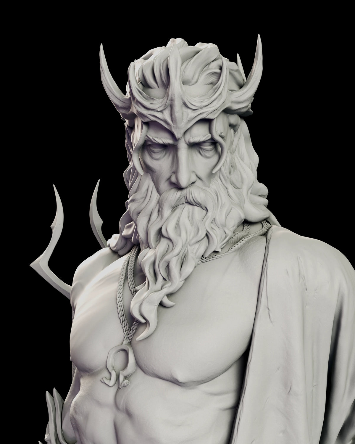 Portrait of Hades with a horned crown, long beard and a pendant on his chest