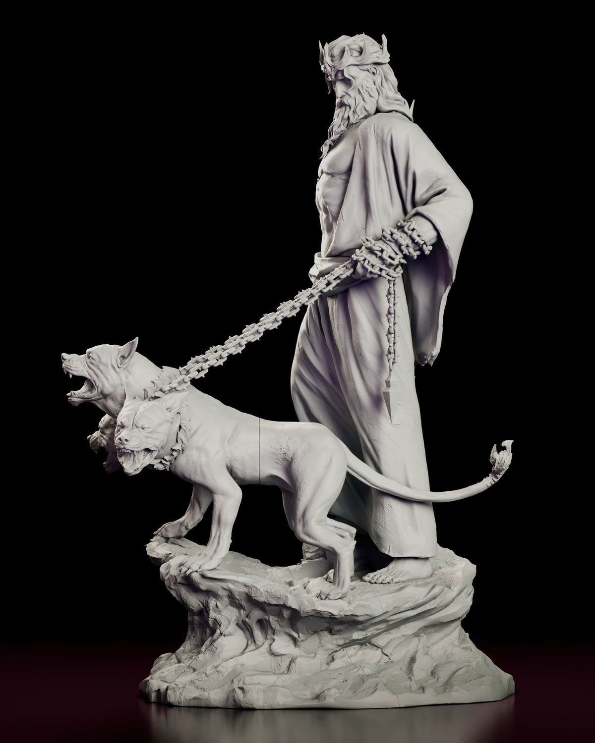 Left side view of Hades leading Cerberus on its chains, tail curled behind