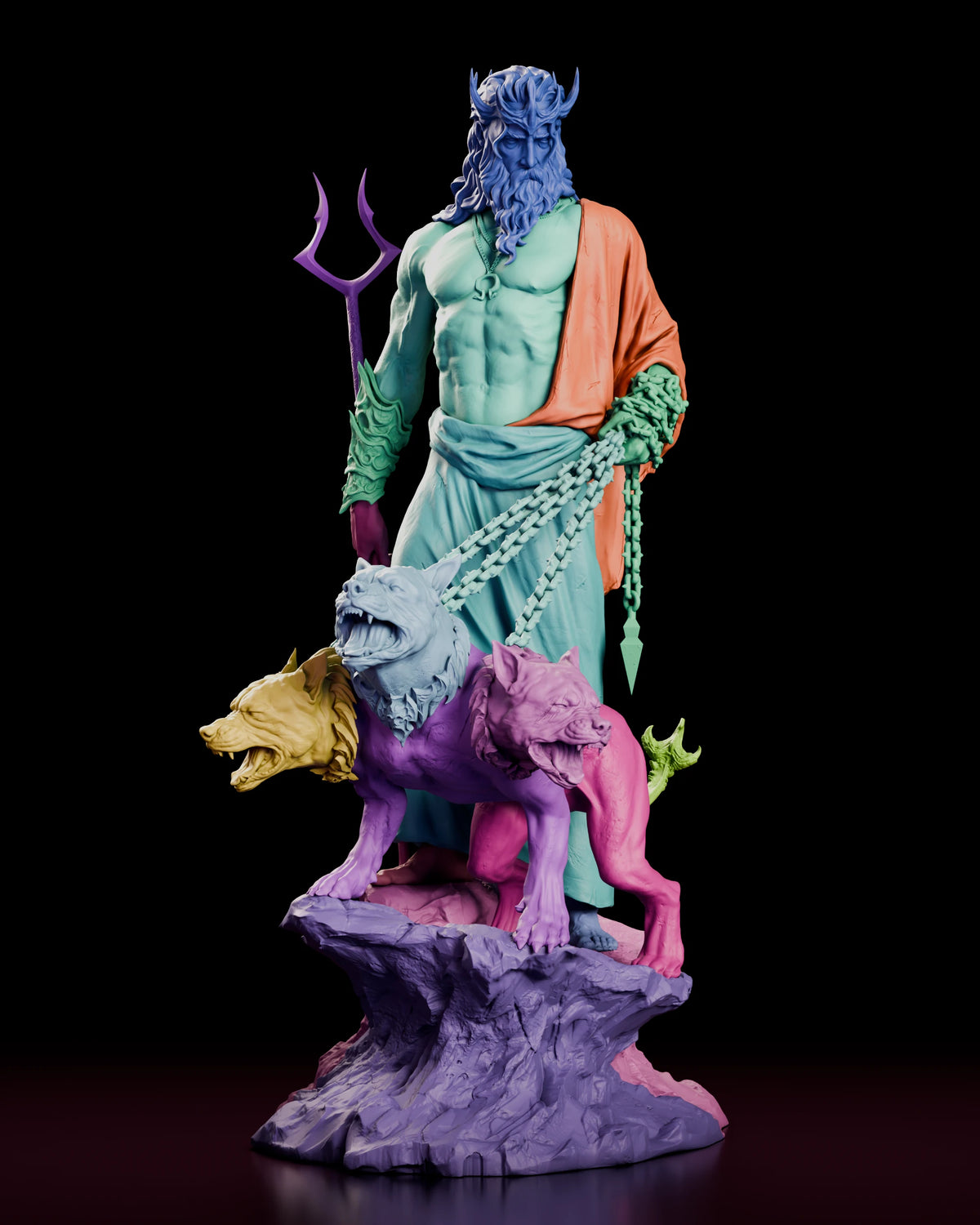 Parts breakdown of the Hades figure model kit with god, Cerberus, staff and base shown in separate colours