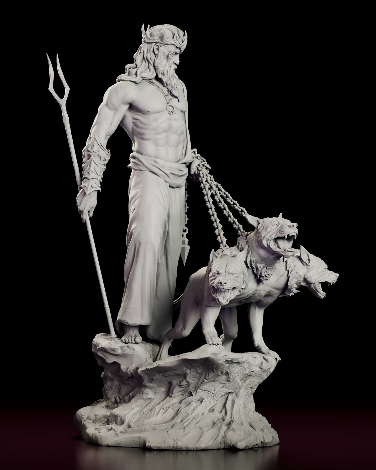 Right side view of Hades holding the forked staff with Cerberus in front of him