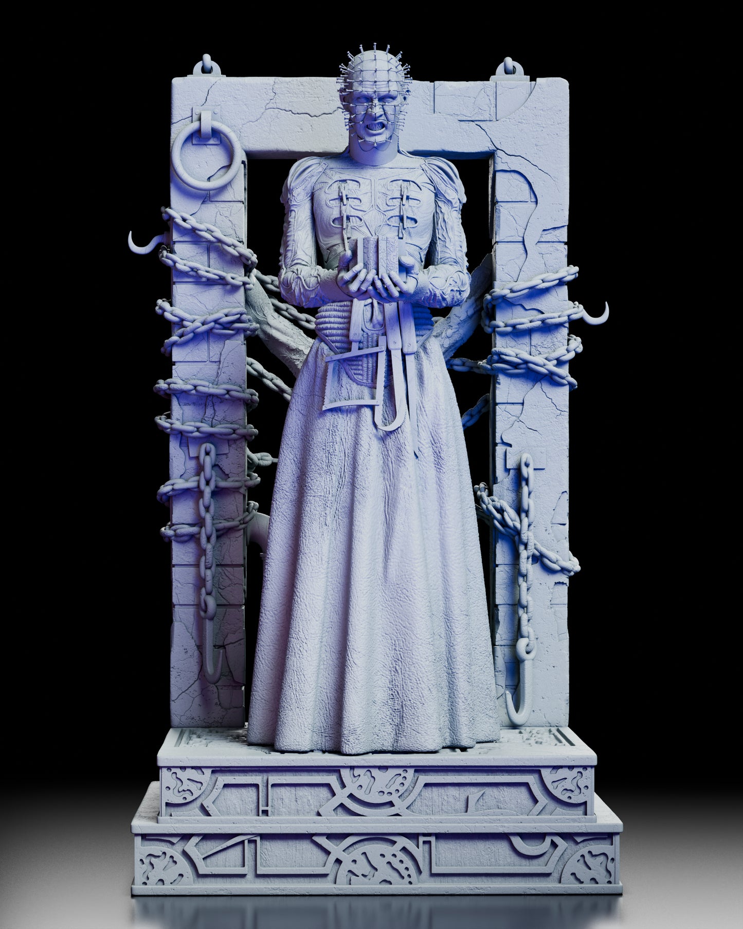Front view of The Hell Priest figure kit featuring detailed robes, embedded pins, and the Lament Configuration held in both hands.