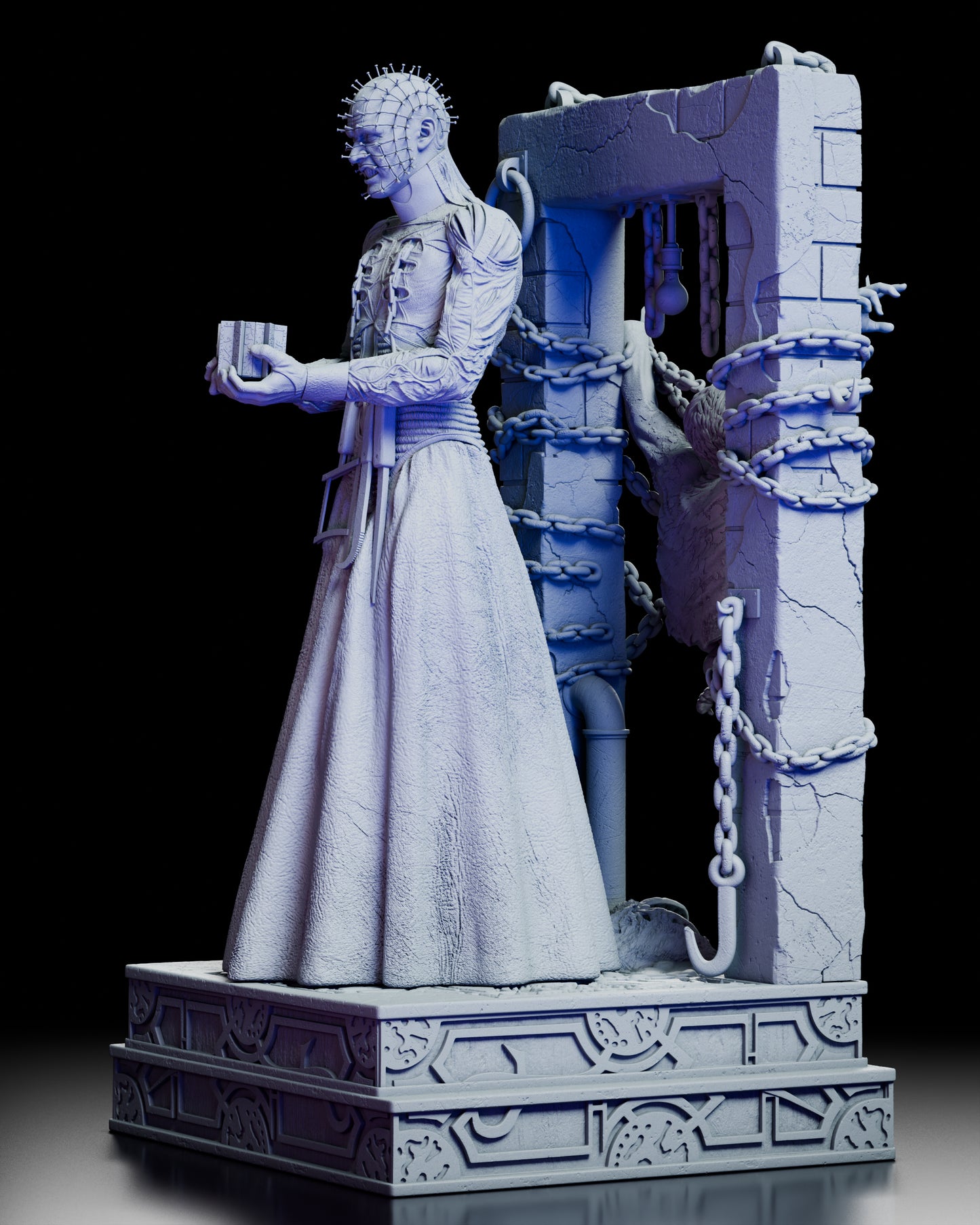 Left side view of The Hell Priest figure kit showing the chained victim behind him and the intricate textures of his vestments and base.