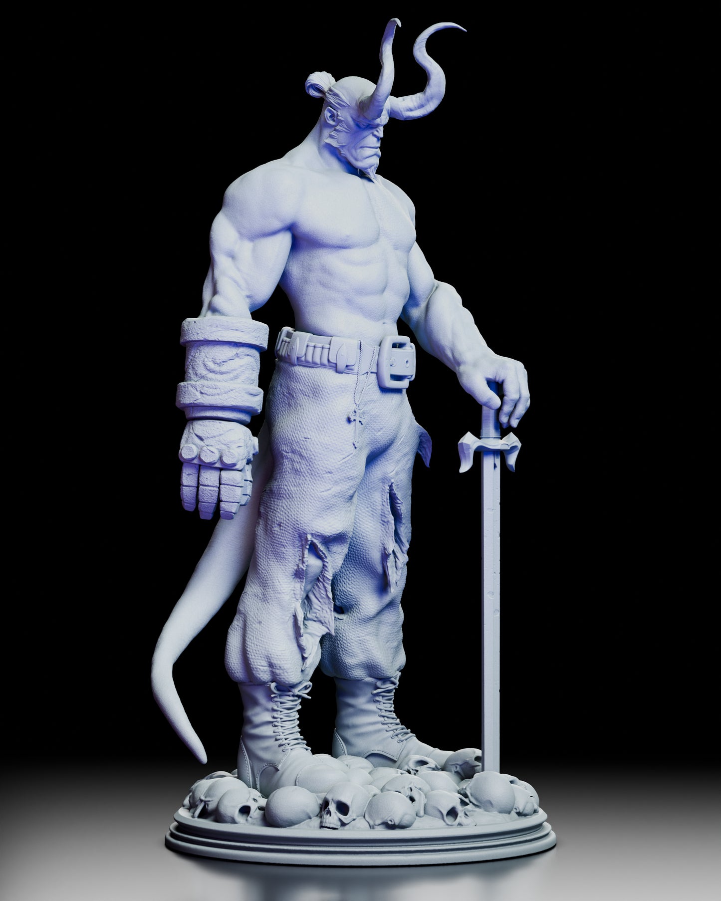 Right side view of the Hellboy Figure Kit highlighting sculpted textures, tail curve, and sword placement