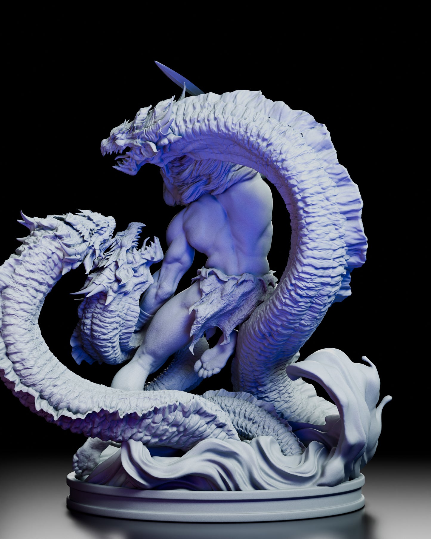 Rear view of Heracles The Hydra’s Bane highlighting the twisting Hydra heads and dynamic motion of the sculpt