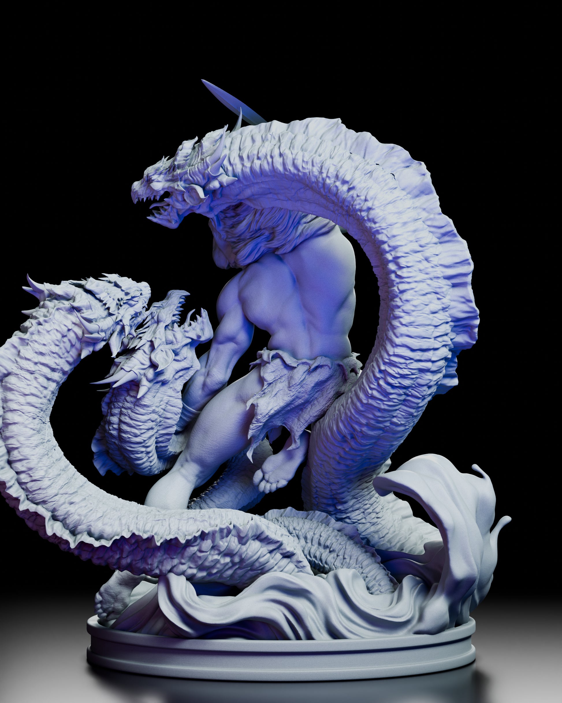 Rear view of Heracles The Hydra’s Bane highlighting the twisting Hydra heads and dynamic motion of the sculpt