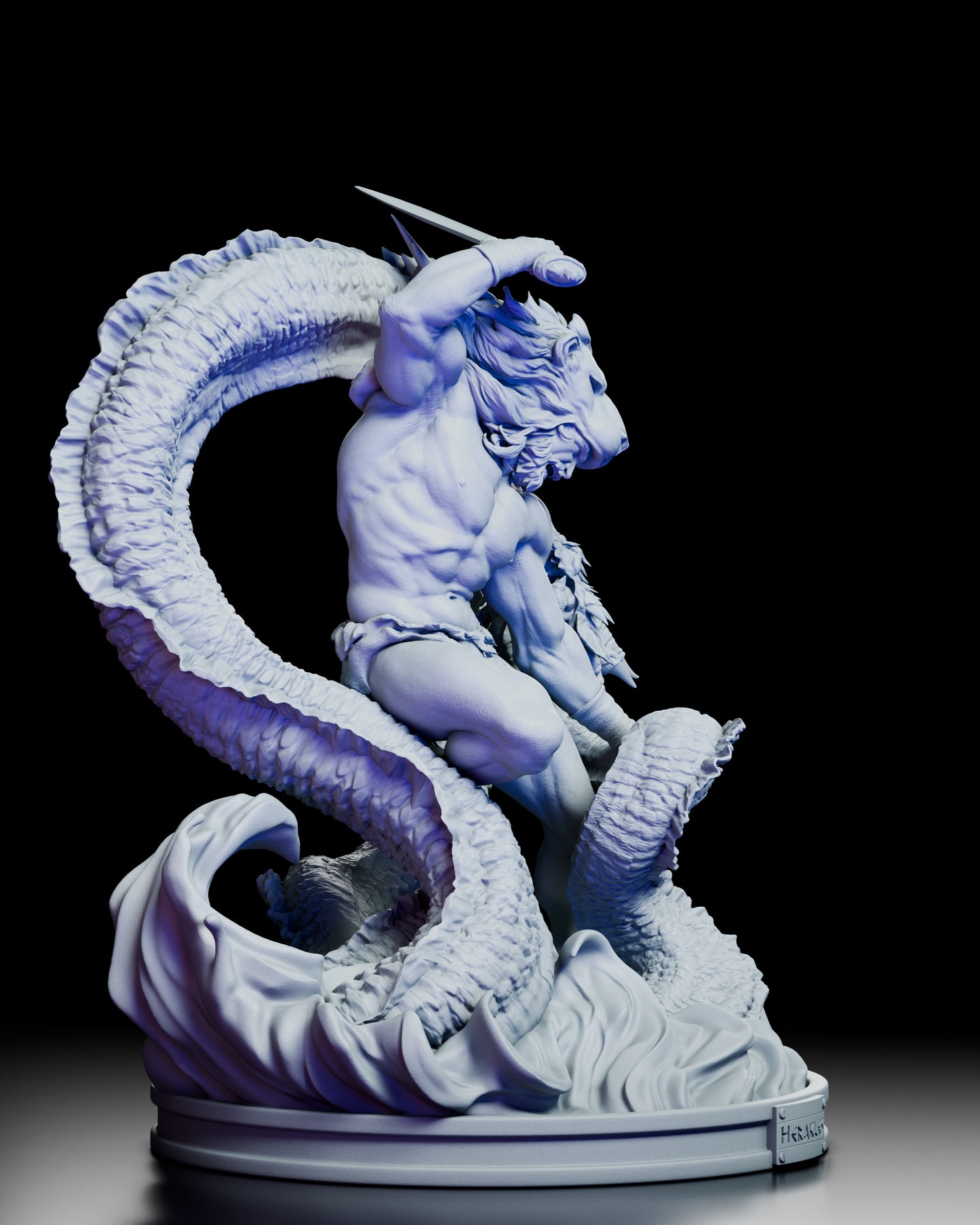 Right side angle of Heracles The Hydra’s Bane statue emphasizing muscular form and serpent detail