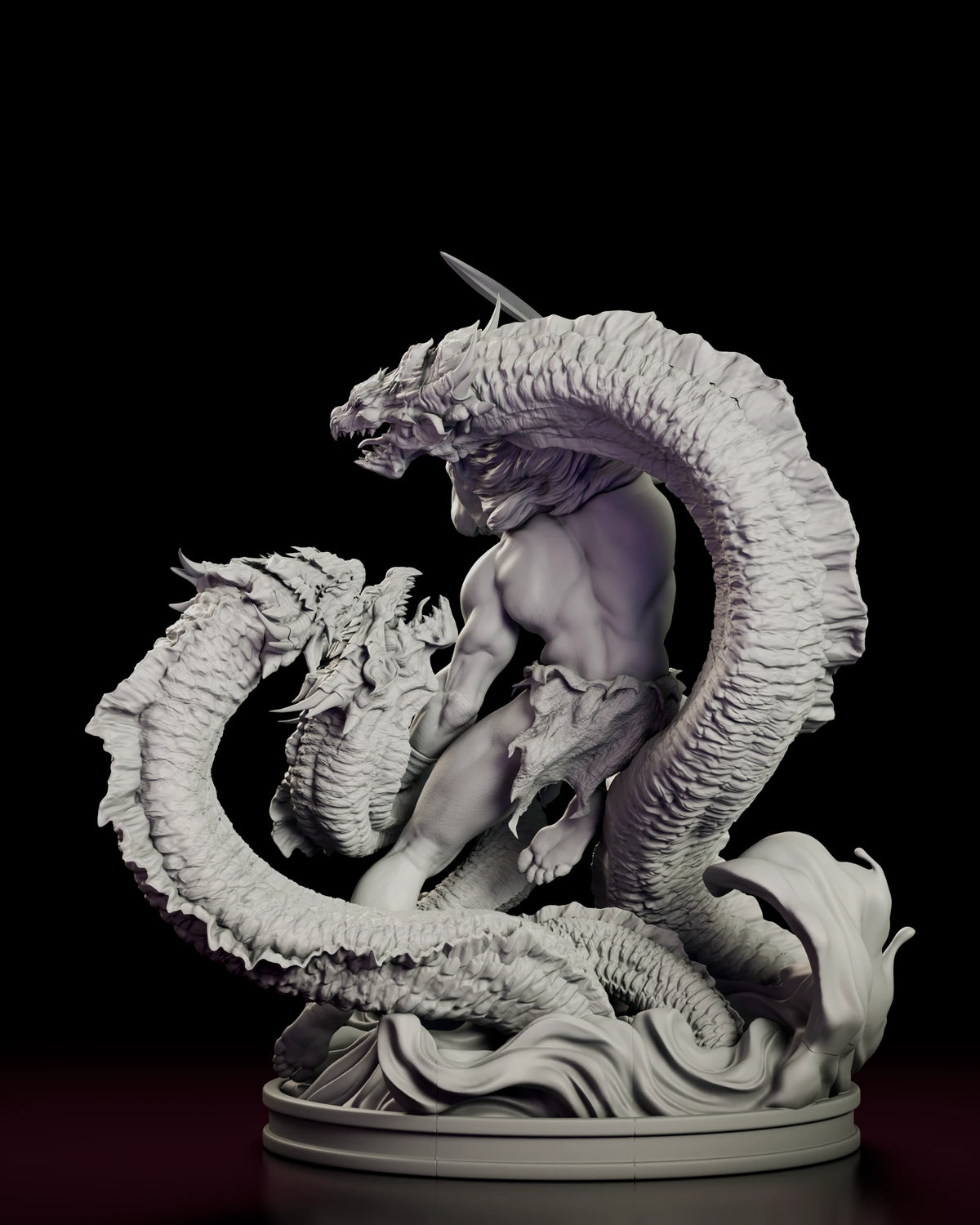 Back view of the Heracles figure model kit showing the Hydra's looping bodies and the wave base