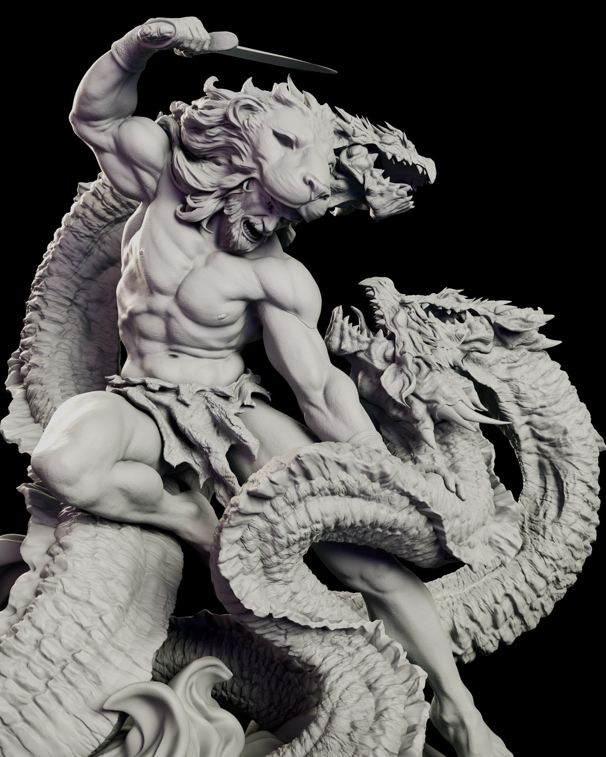 Close view of Heracles raising a blade overhead as two Hydra heads lunge at him with open jaws
