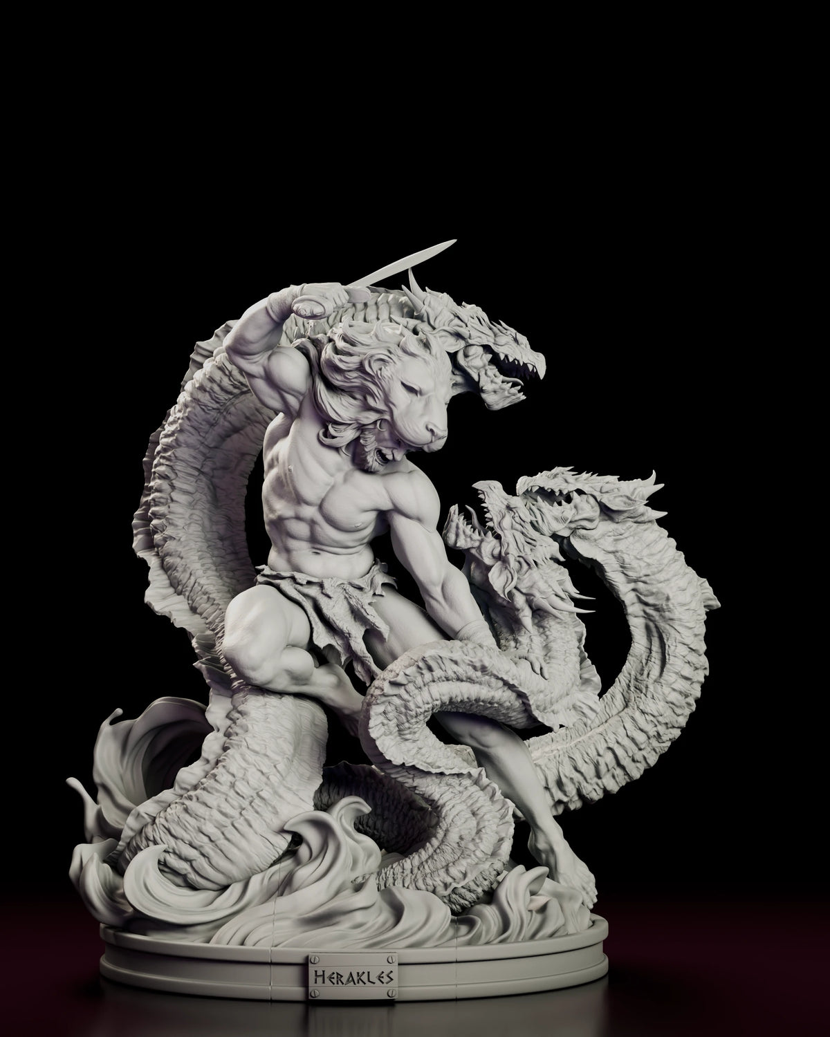 Front view of the Heracles figure model kit with the hero surrounded by Hydra coils on a round base with a nameplate