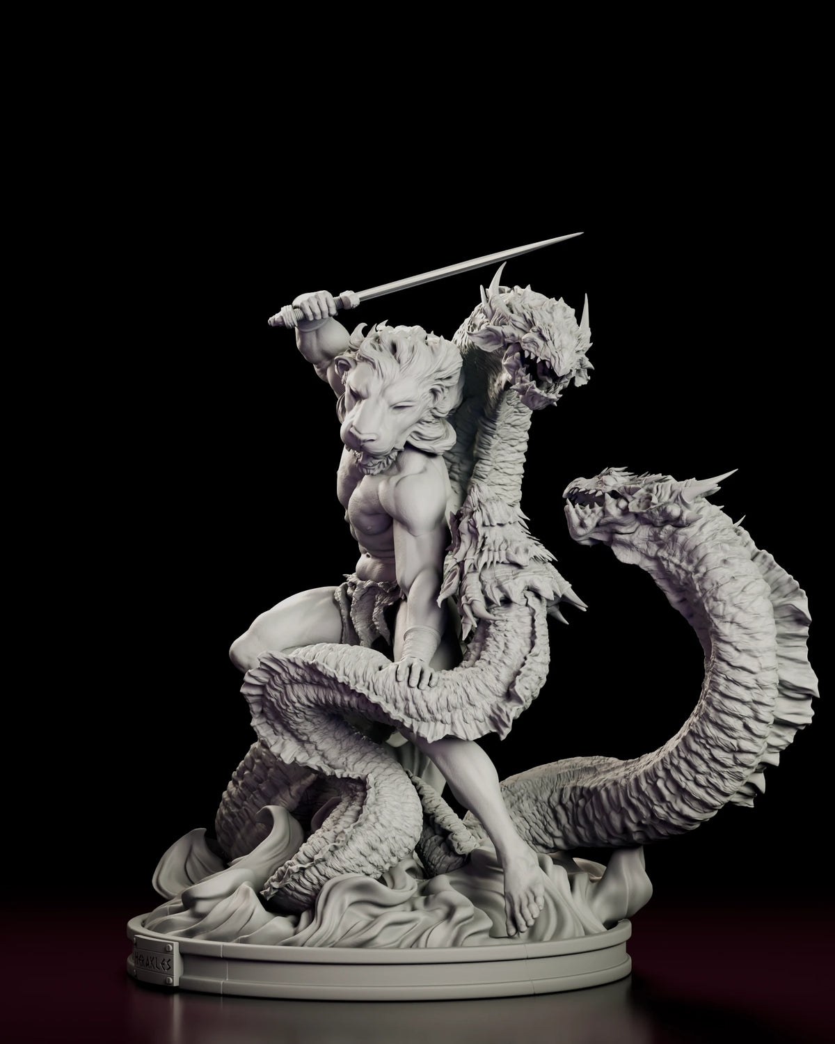 Left side view of Heracles bracing against the Hydra's scaled coils
