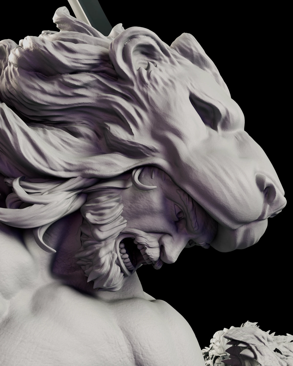 Portrait of Heracles roaring beneath the open jaws of the Nemean lion skin worn as a hood
