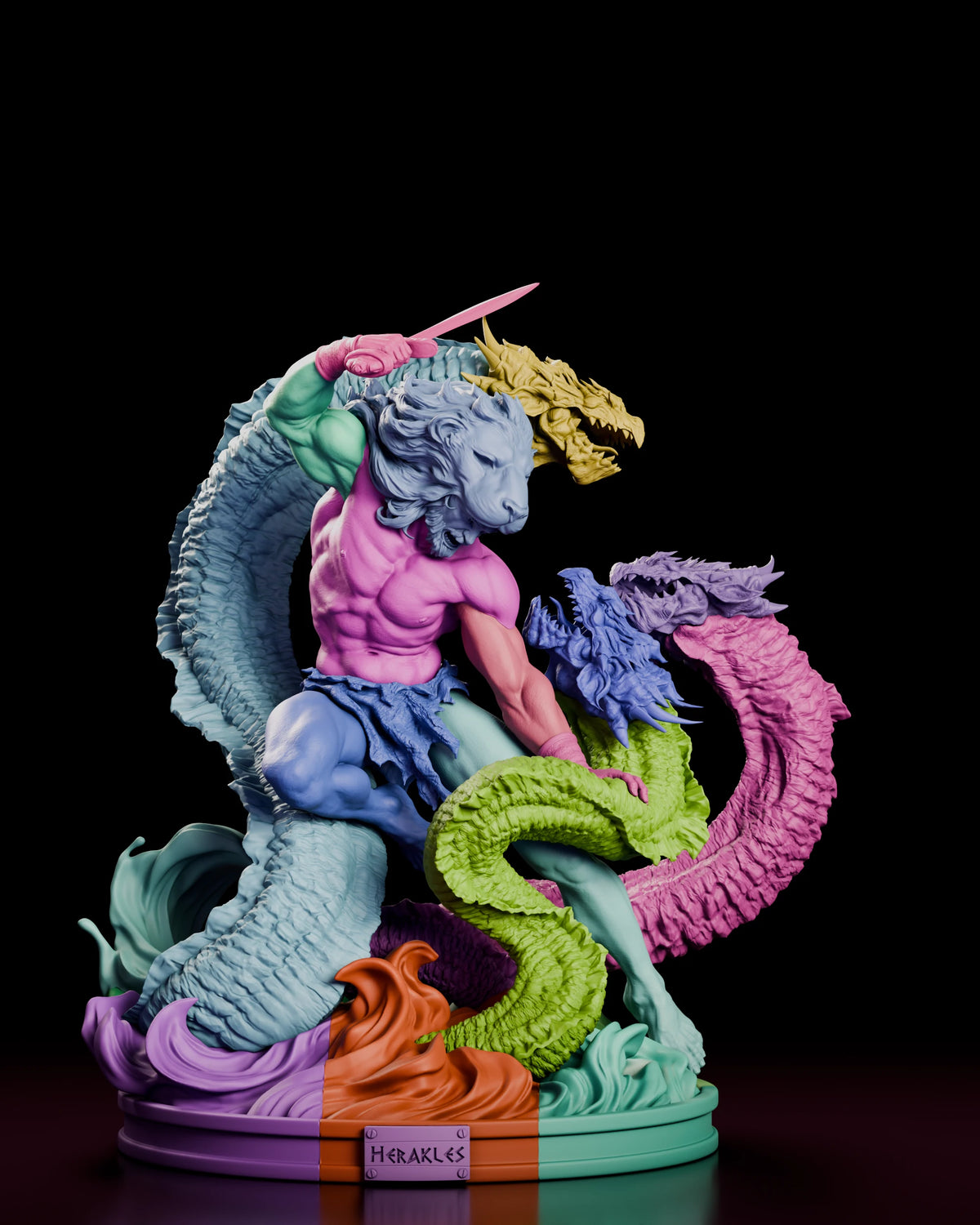 Parts breakdown of the Heracles figure model kit with the hero, Hydra heads, coils and wave base shown in separate colours