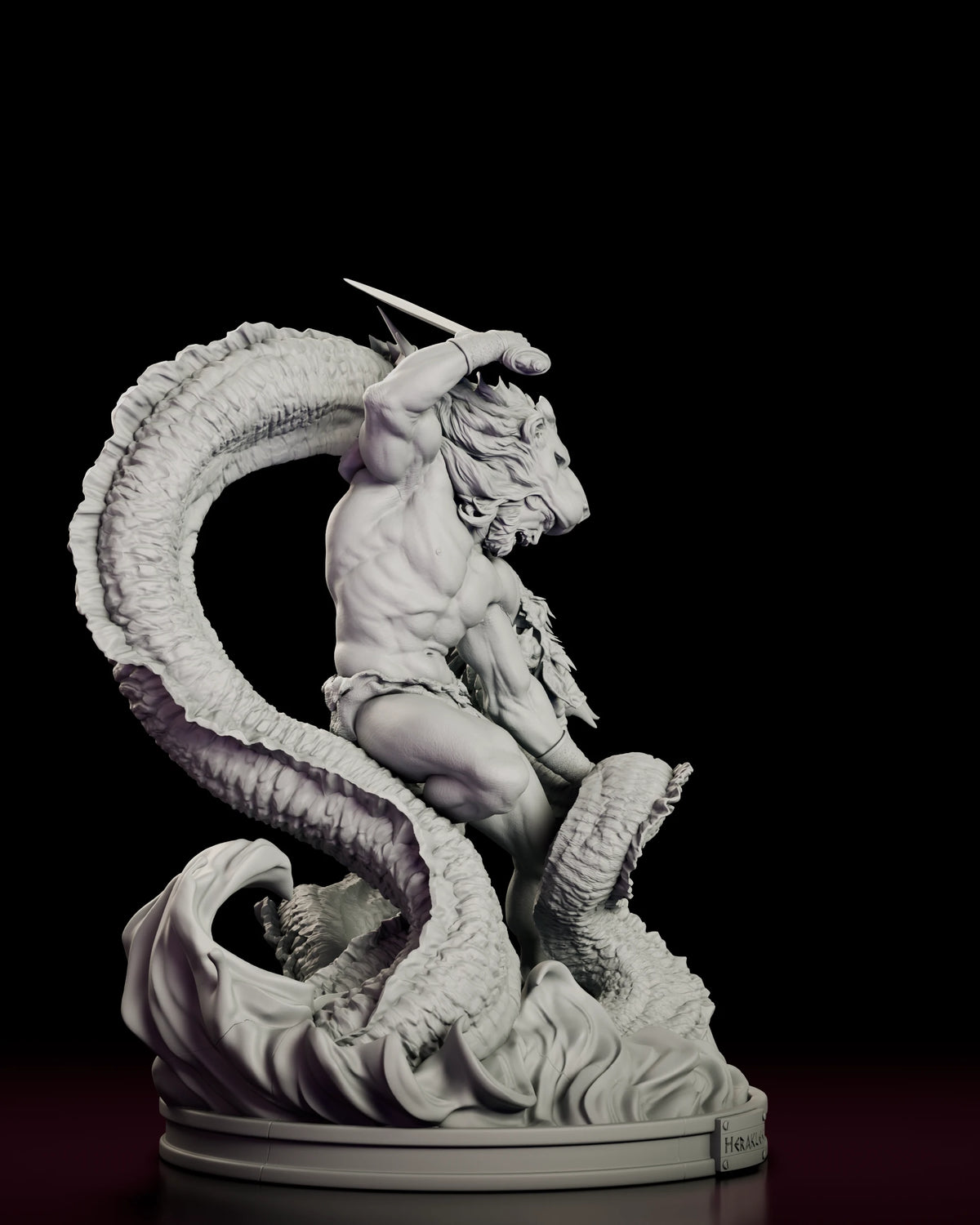 Right side view of Heracles with the blade raised and a Hydra head rising behind him