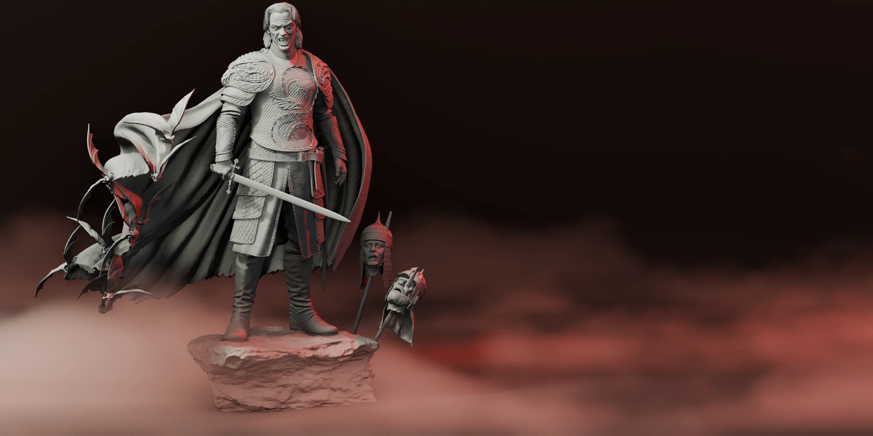 Hero banner featuring a dark fantasy resin figure model kit of a caped warrior standing on a stone base surrounded by bats and rising mist, representing collectible resin model kits for painters and display collectors.