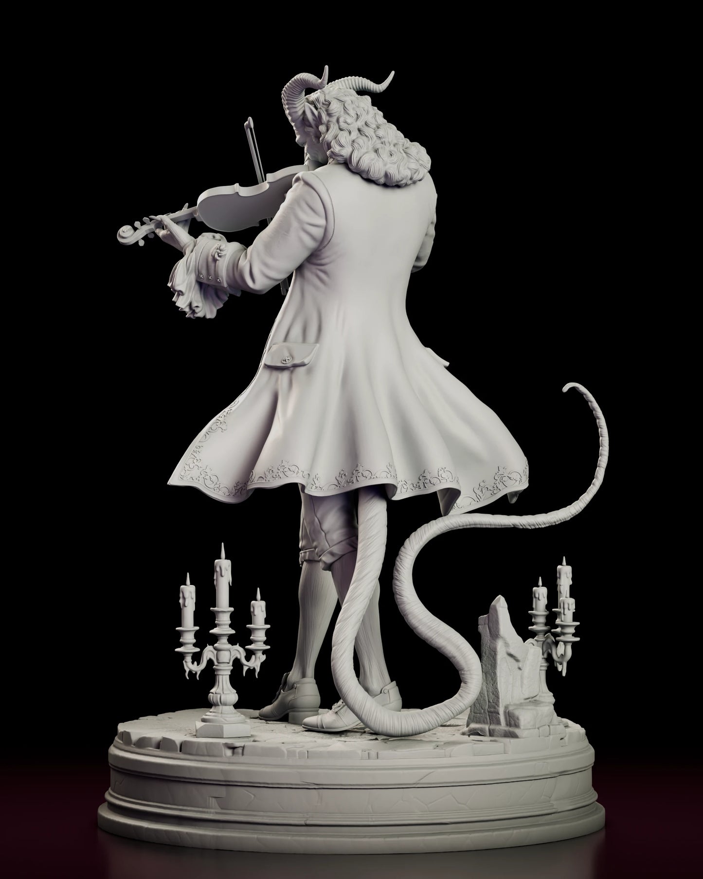Rear view of the Il Virtuoso - Paganini figure model kit showing the embroidered coat hem, the curled tail and the candelabras behind the figure