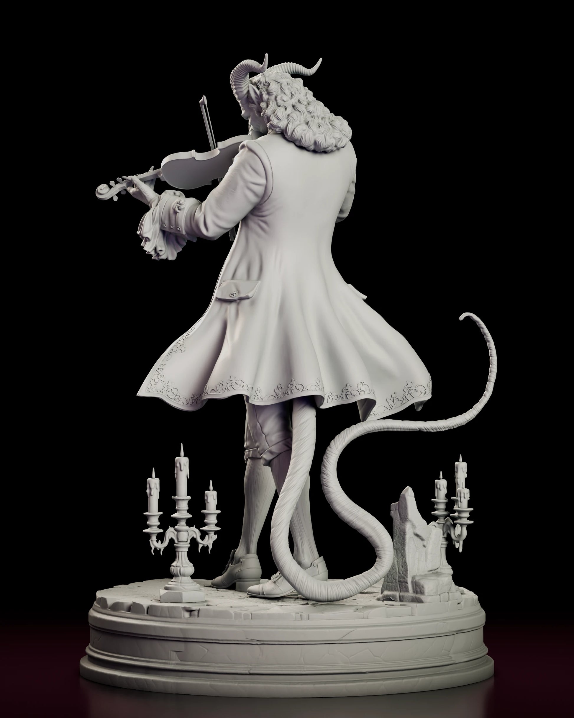 Rear view of the Il Virtuoso - Paganini figure model kit showing the embroidered coat hem, the curled tail and the candelabras behind the figure